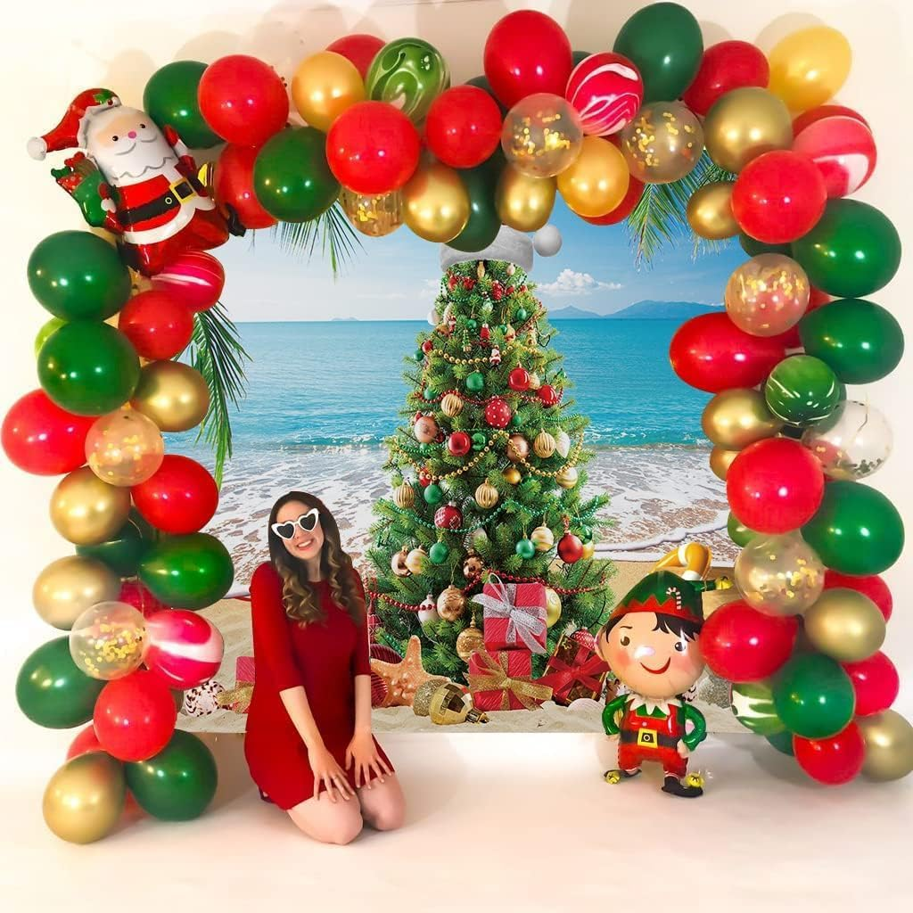 Summer Christmas Tree Backdrop Tropical Beach Xmas in July Photography Background Palm Leaves Blue Sky Ocean Christmas Family Holiday Party Photo Backdrop (10X8Ft(120X96 Inch)) image number 1