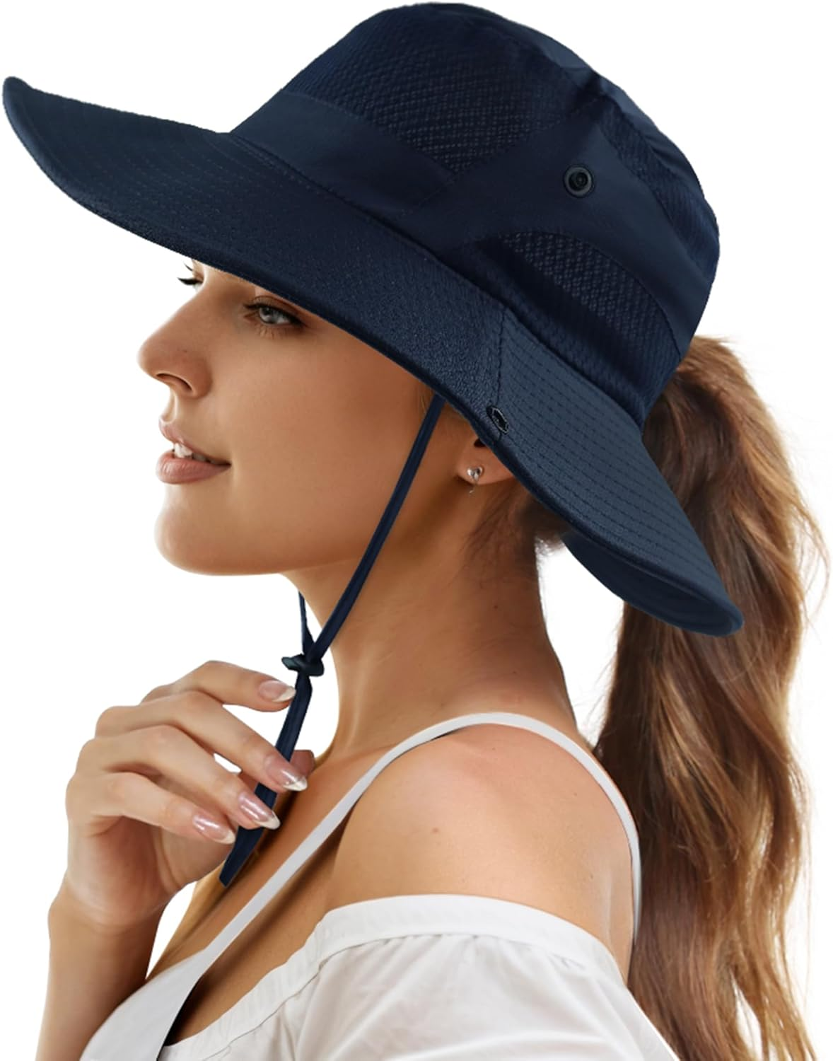 Mukeyo Womens Ponytail Sun Hat Wide Brim Mesh Bucket Hat UV UPF50 Protection Hat Foldable Summer Travel Beach Fishing Hats - Light Grey image number 4