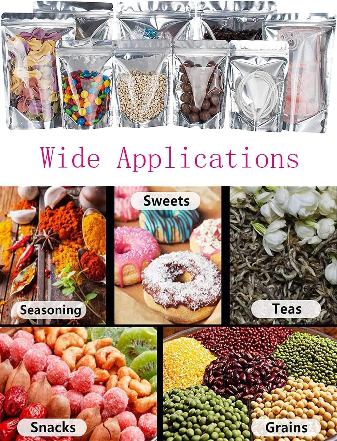 100PCS Reusable Foil Bags for Food Storage, Stand up Resealable Smell Proof Ziplock Bags, Aluminum Foil Packaging Pouches Bag for Cookies, Nuts, Tea, Candy (10X15CM,100PCS)