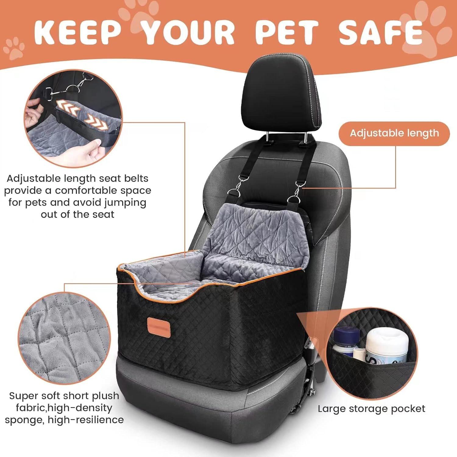 Memory Foam Pet Booster Seat with Washable Cover - Elevated, Anti-Slip for Small Dogs up to 35Lbs, Seat Belt, Storage, Blankets image number 6
