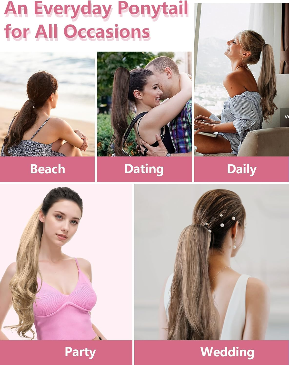 Flexible Wrap around Ponytail Hair Extensions Long Wavy Curly Hair Extensions Natural Ponytail Fake Pony Tail Natural Black Synthetic Ponytails Hairpiece for Women Daily Use Black