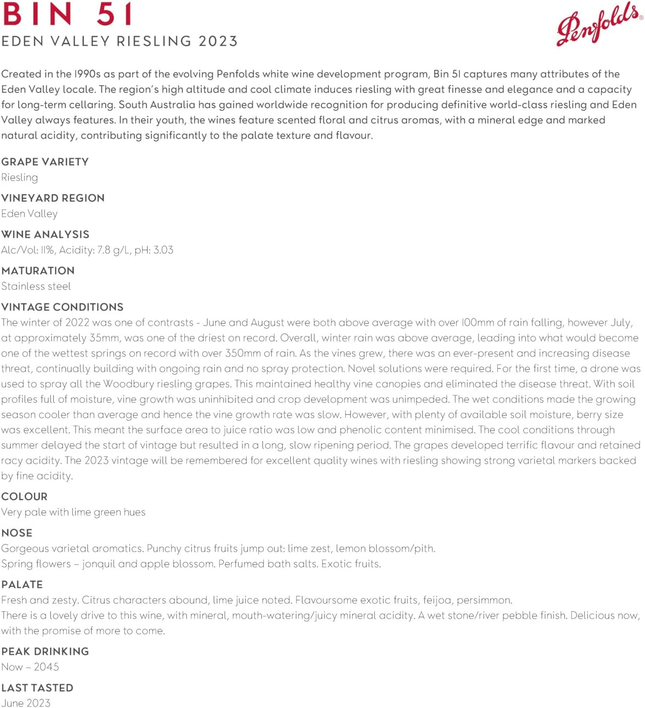 Penfolds 2023 Bin 51 Eden Valley Riesling Wine 750 Ml image number 5
