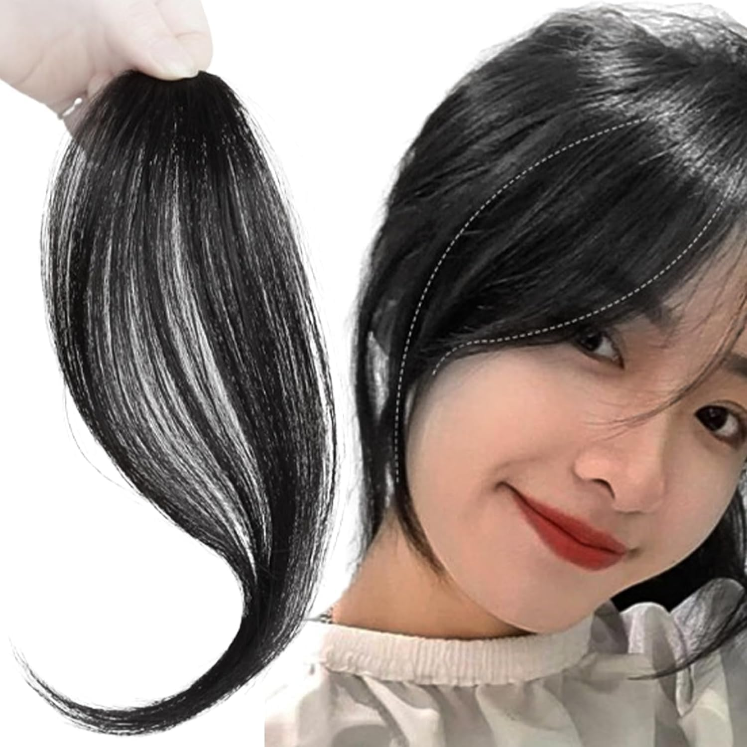 FRAKMU 2Pcs Wavy Side Bangs Clip-In Human Hair Extensions, 9.8 Inch Long, Natural Black image number 6