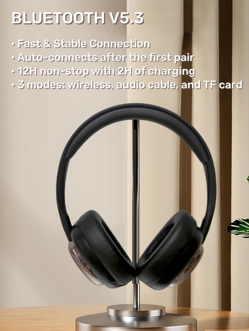 ND NEXT DESTINATION Wireless Bluetooth Headphones 5.3 with Bass and Stereo Sound, Long Battery Life Headphones, Modern Headset with Good Sound, Black - Black image number 5