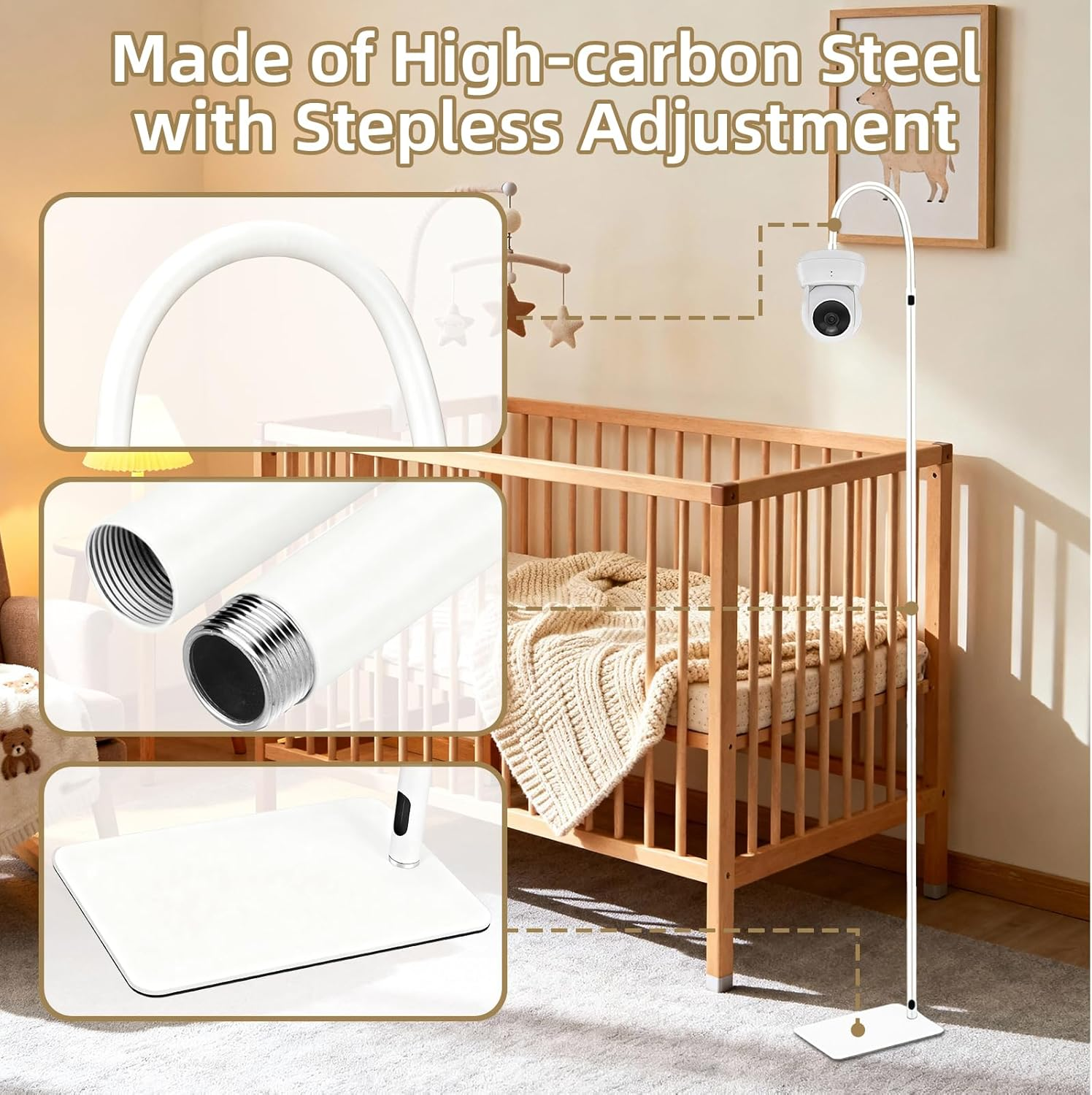 Baby Monitor Floor Stand Holder with 67 Inch Adjustable Height, Prevent Infants from Touching and Non-Slip Base, Compatible with All Monitors with 1/4 Threaded Hole or Any Cameras with 1/4 Screw Mount image number 2