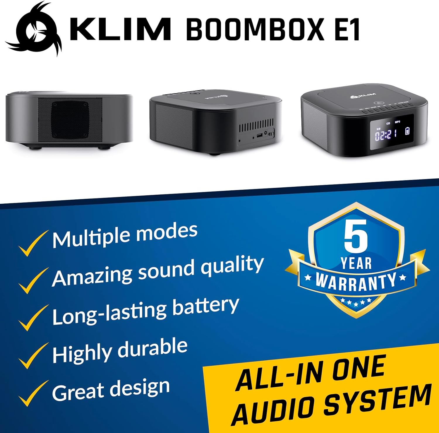 KLIM Boombox E1 - CD Player Portable Audio System + Extra BASS with Subwoofer + FM Radio, CD MP3 Bluetooth AUX USB + Wired and Wireless Mode Rechargeable Battery + Remote Control image number 4