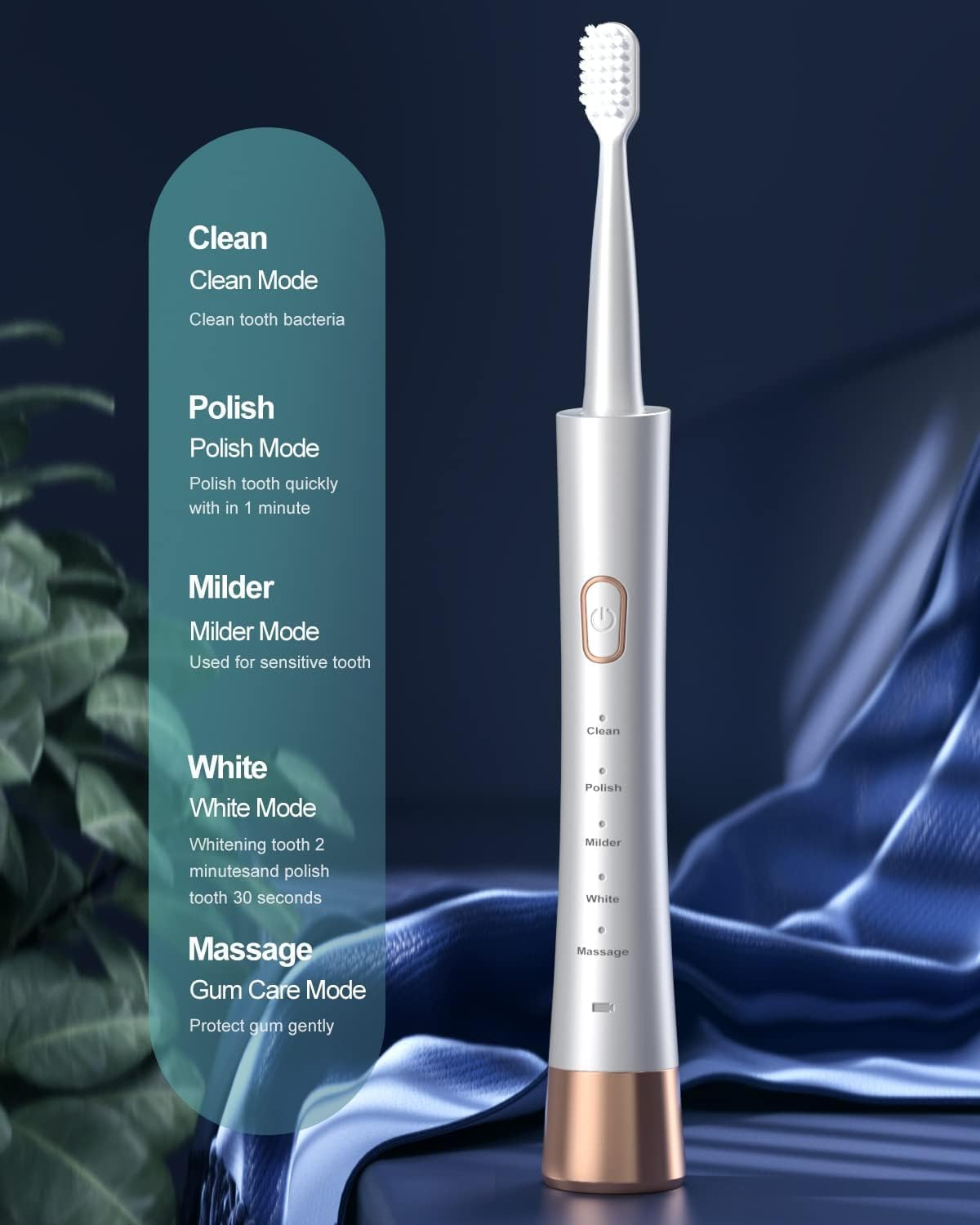 Oolong USB Rechargeable Sonic Electric Toothbrush for Adults, Powered Motor High Vibration Teeth & Gum Care, Soft Dupont Brush Heads, 2 Minutes Timer 5 Modes, White image number 6
