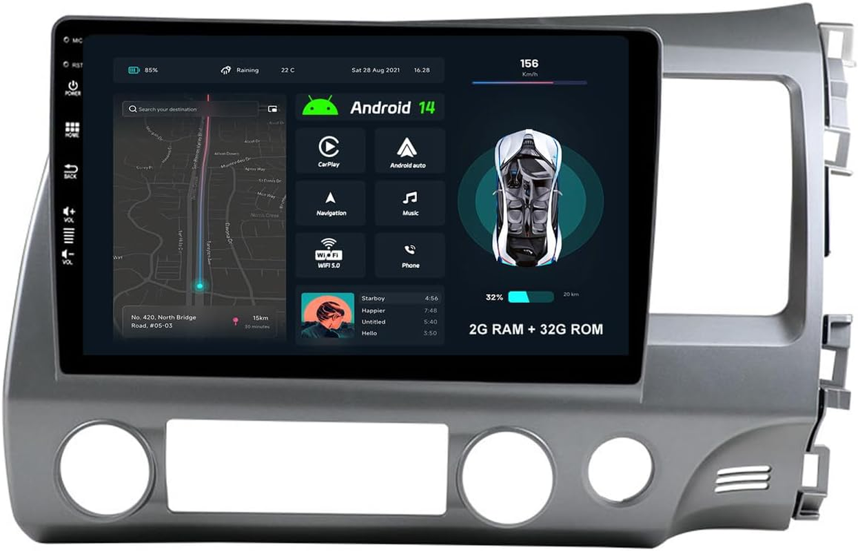 2G+32G Android14 Car Stereo for Honda Civic RHD 2006-2011 with Carplay Android Auto,10.1'' IPS Touchscreen Car Radio with Wifi,Gps Navigation,Bluetooth,Fm/Rds,Swc,Backup Camera image number 4