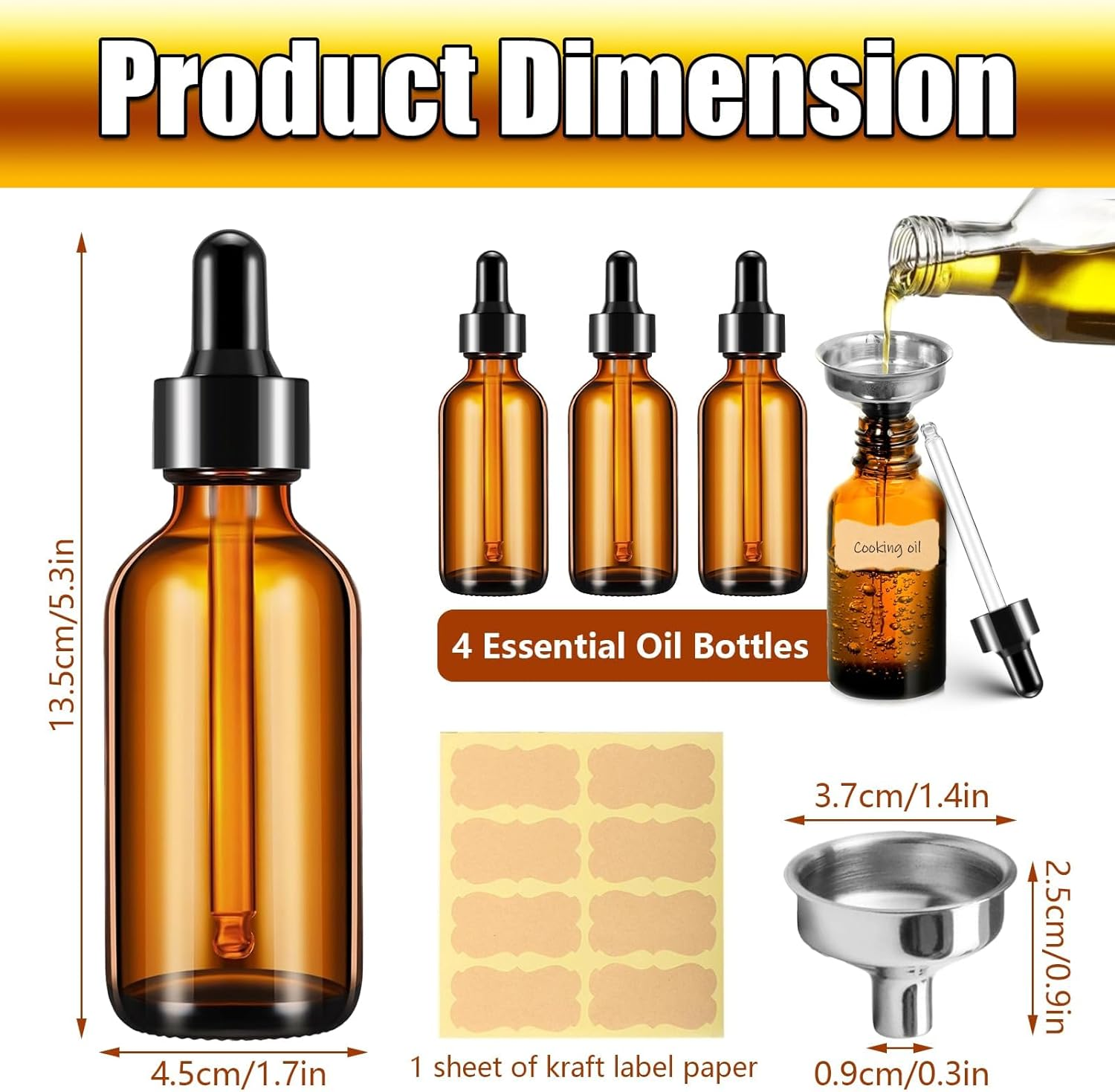Dropper Bottle, 4 Pcs Amber Glass Dropper Bottle, 100Ml Tincture Bottle with Labels and Funnel for Essential Oils, Cosmetic, Laboratory image number 3
