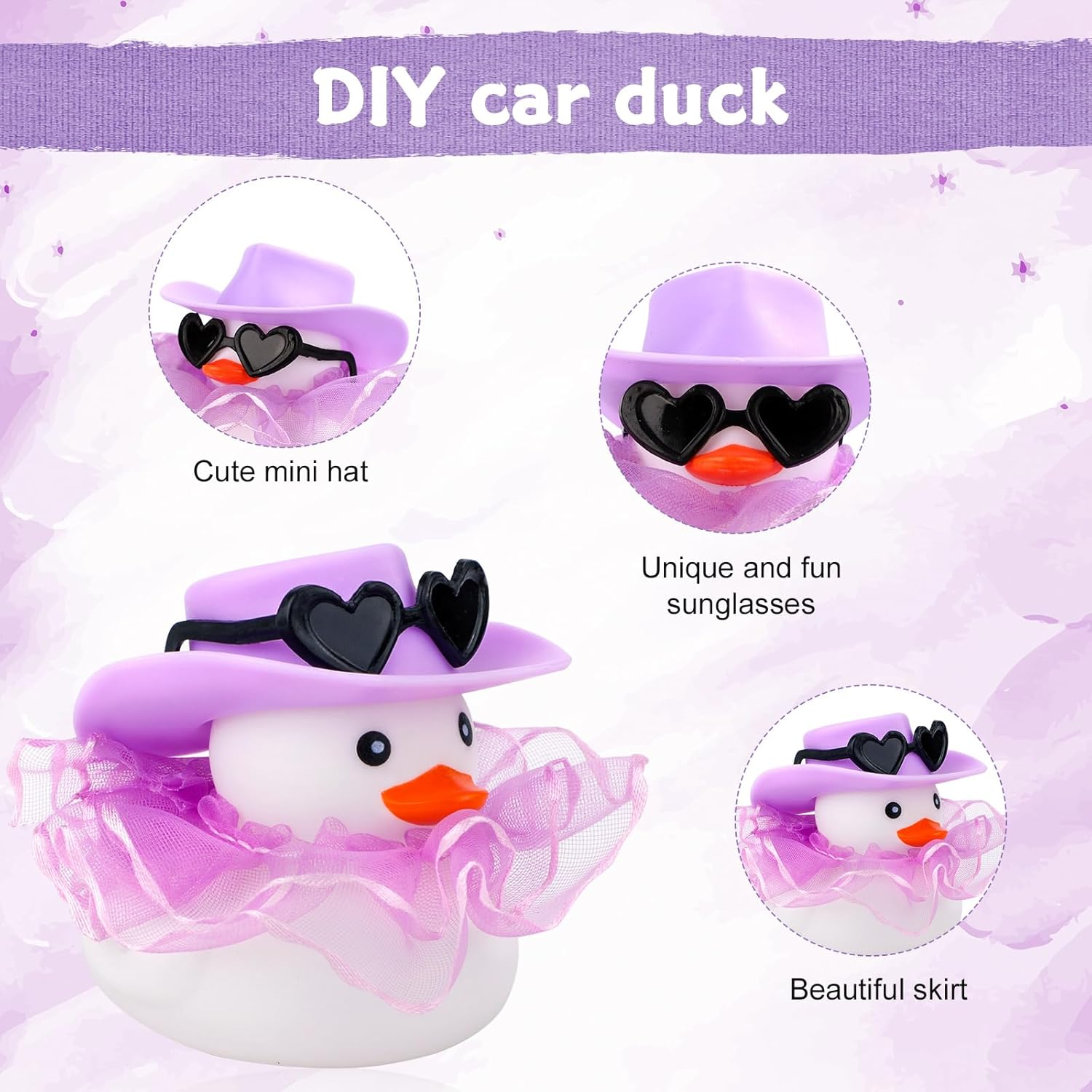 XIHIRCD Car Ducks for Dashboard, Cute Car Rubber Duck Ornament Purple Duck Decoration Accessories with Glasses Hat Skirt for Car Table Refrigerator Decoration image number 6