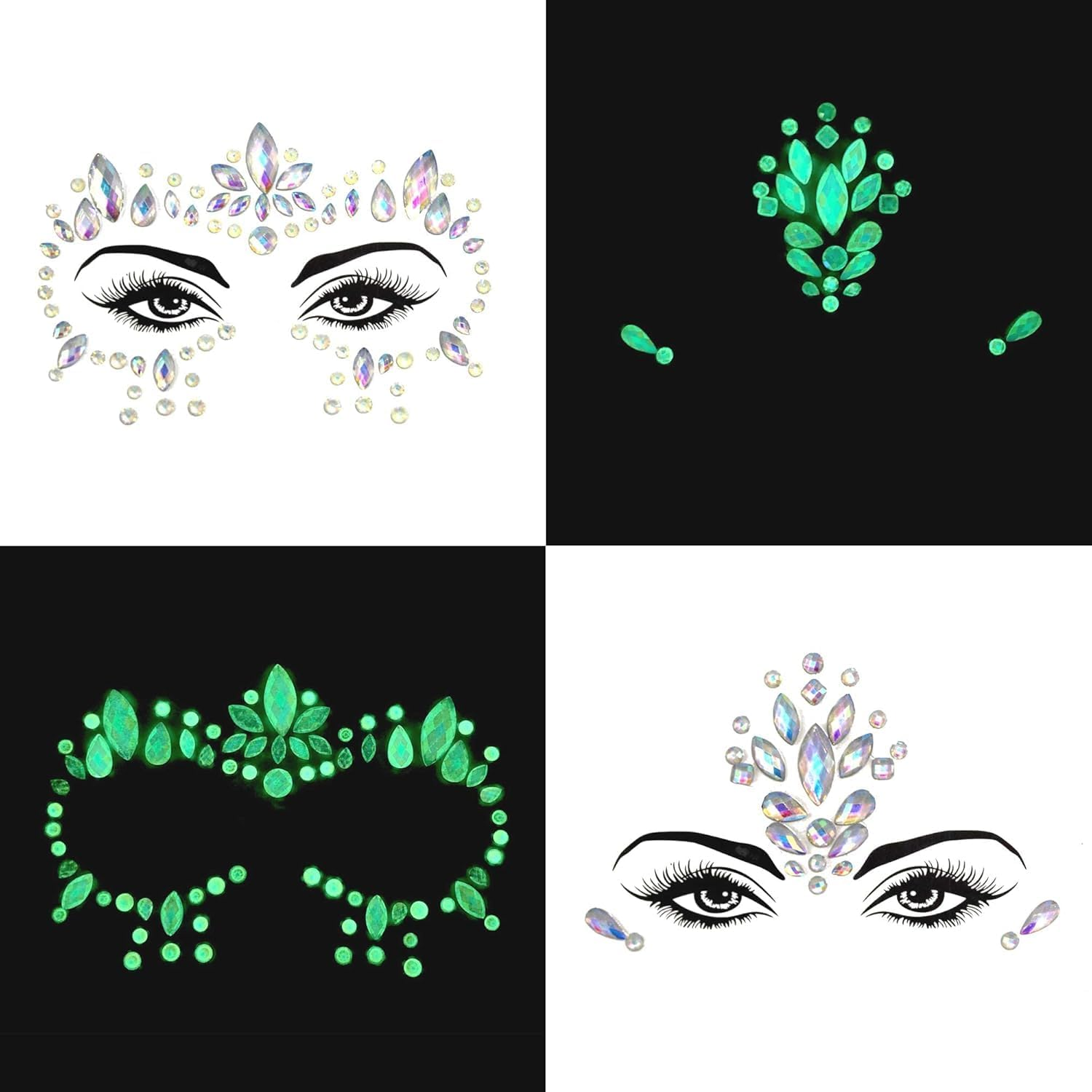 Glamifyr Pack of 8 Glow-In-The-Dark Gemstones for Face, Face Gemstones, Luminous Temporary Tattoo Stickers, Acrylic Crystal, Glitter Stickers, Waterproof, Jewellery, Tears, Rhinestones for Party image number 4