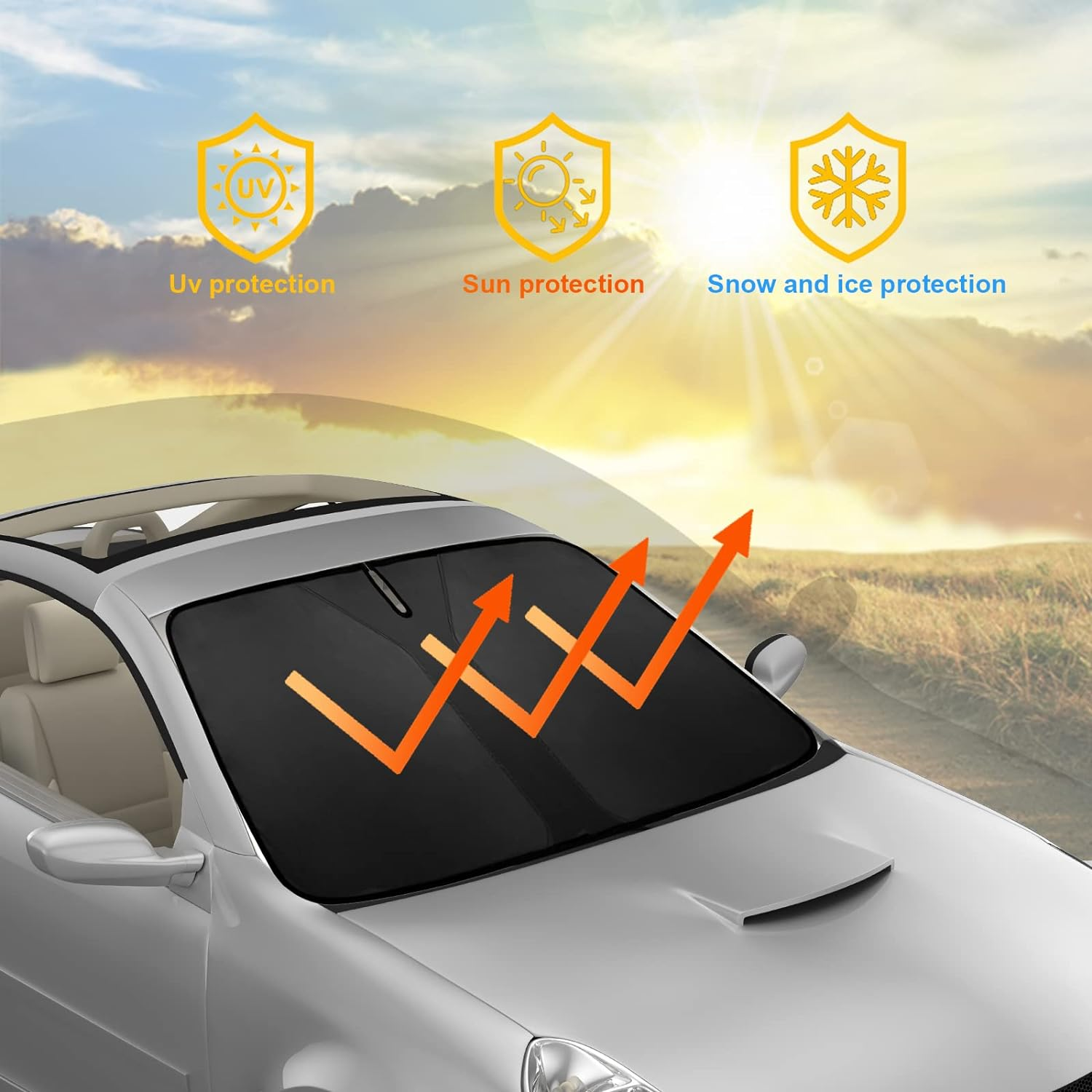 Car Windscreen Sun Shade - Double Layer Front Windshield UV Protector, Foldable Seamless Sunshade Cover for Van or Auto, 140 X 70Cm (Black) image number 4
