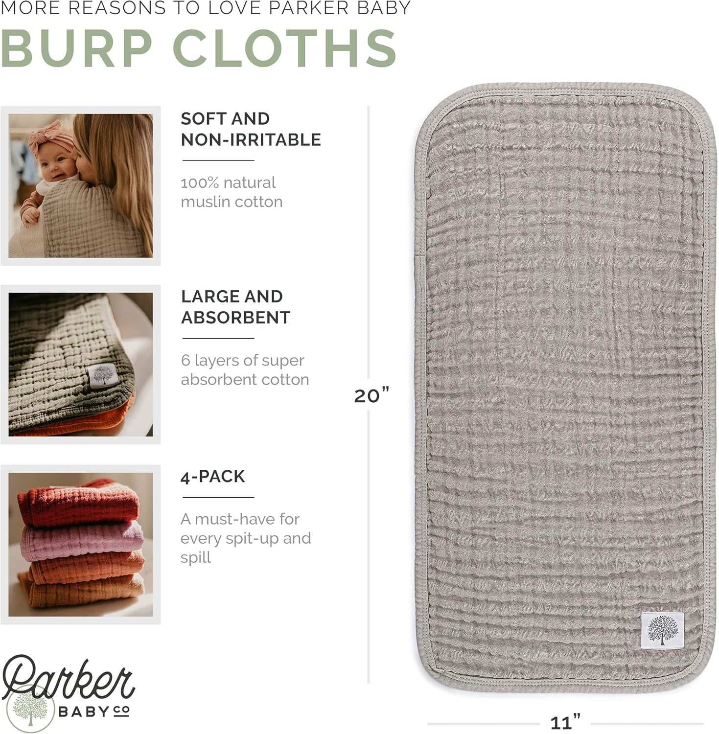 Parker Baby Co. Muslin Burp Cloths | 100% Cotton, 4-Pack Rose, 20X11 Inches, Baby Burp Cloths image number 2