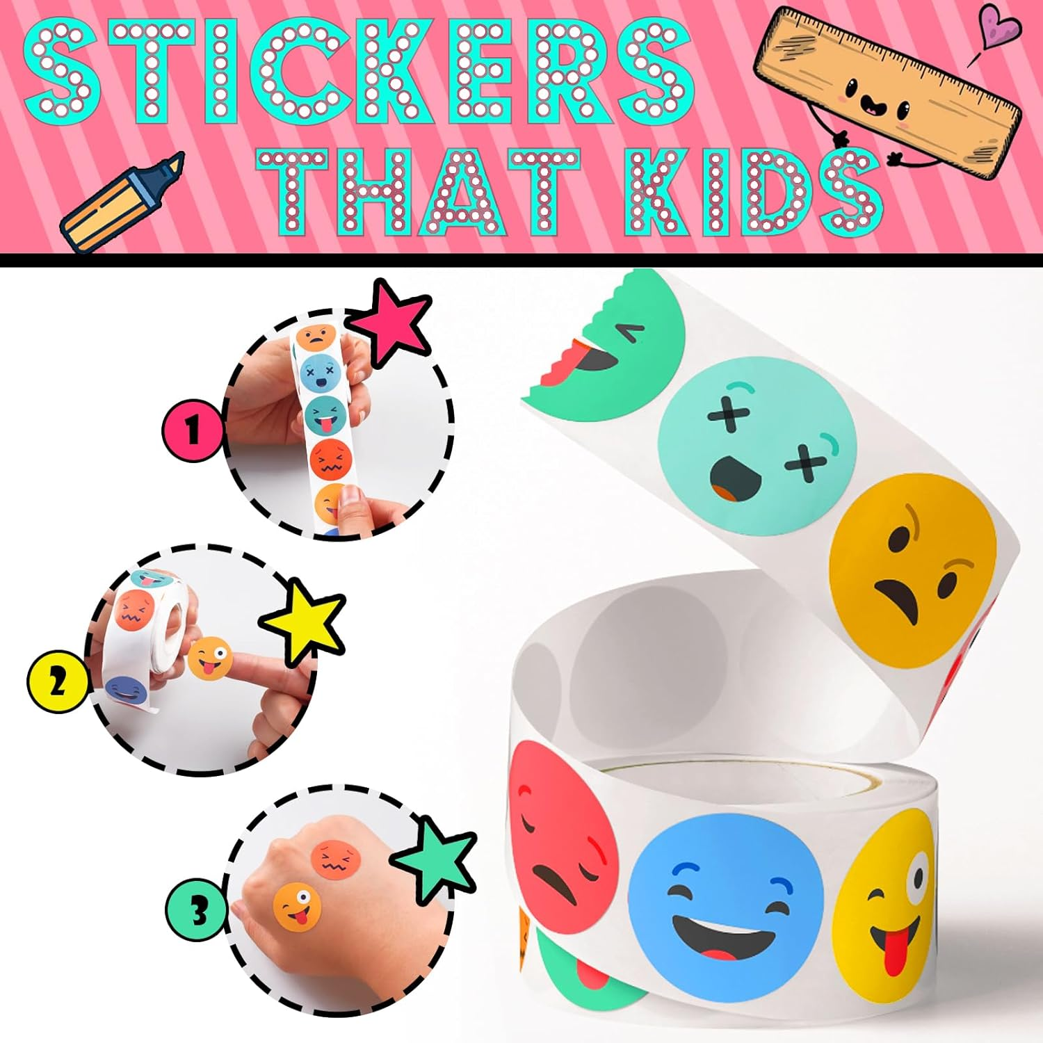 Eideos 1500 PCS Smiley Face Stickers Teachers Reward Stickers for Classroom 8 Colors Style Incentive Stickers Behavior Chart Stickers (1" Each, 3 Rolls) image number 6