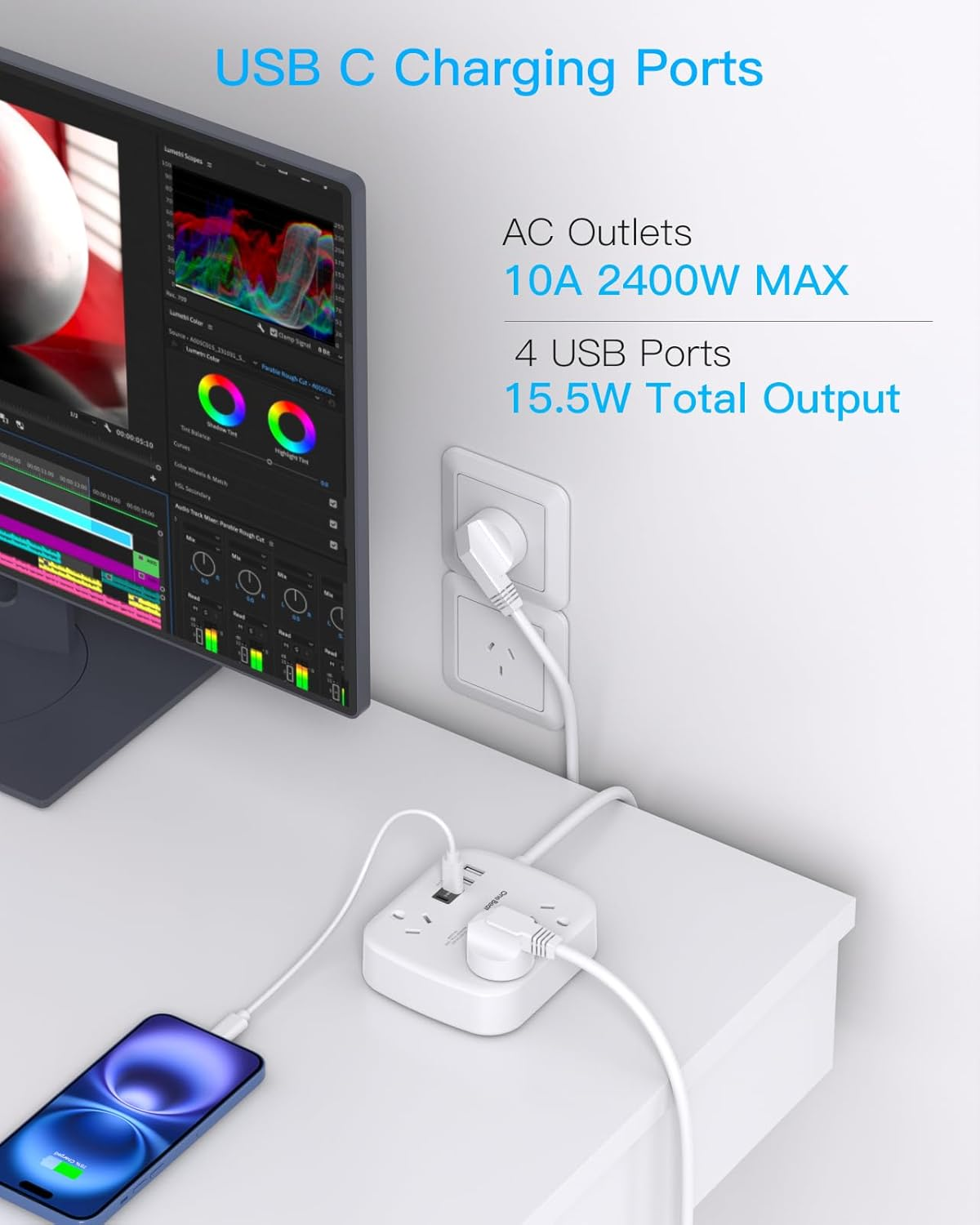 One Beat Power Board with Usb,Travel Power Strip with 3 AC Outlets,2 USB a and 2 USB C Ports,1.5M Flat Extension Cord,No Surge Protection Cruise Ship Essentials for Office,Home,Travel,Cruise image number 4