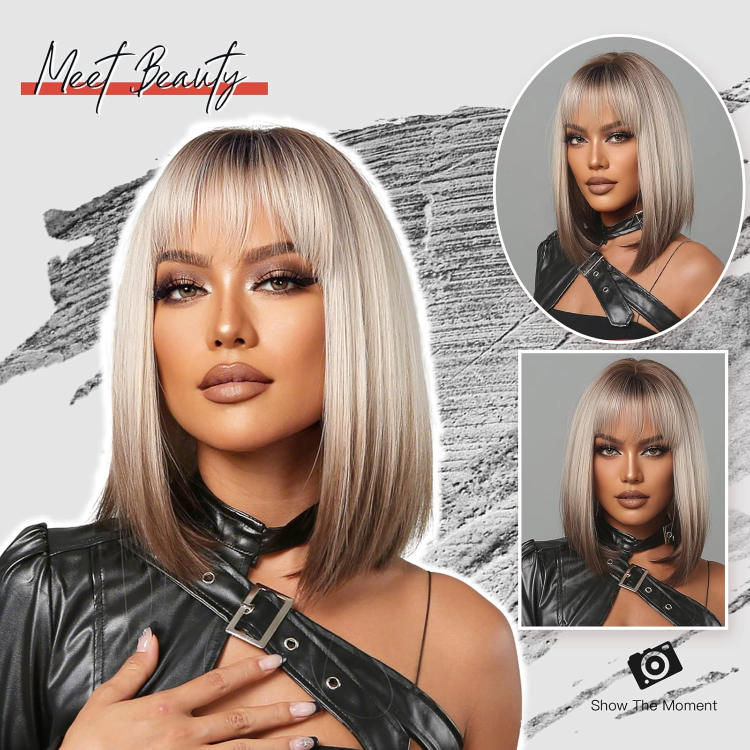 Allbell Brown Blonde Ombre Bob Wigs for Women Cosplay Wig with Bangs Dark Roots Grey Natural Hair Synthetic Wig image number 1