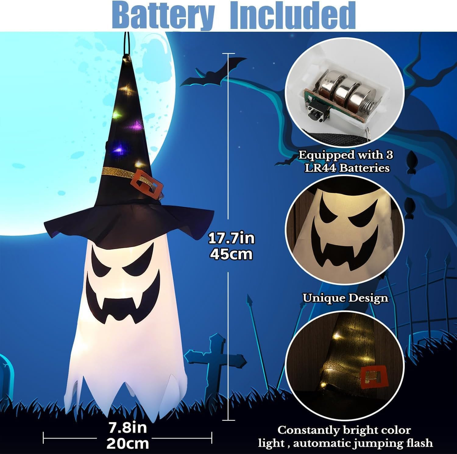Kiimiipa 3 X Halloween Decorations Outdoor Indoor Decoration Ghost Hat Outdoor Decoration Hanging, Luminous Witch Hat Fairy Lights, Halloween Party Decoration Indoor Outdoor Trees Garden Patio (Style image number 3