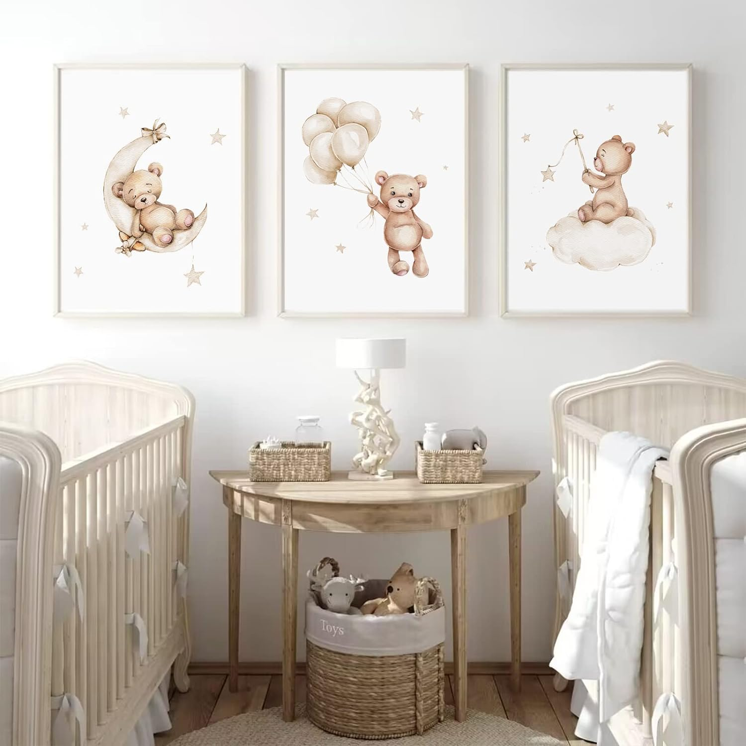 Bear Canvas Wall Art Set of 3 Teddy Bear Prints - Baby Boy & Girl Nursery Pictures - Moon Star Cloud Neutral Theme - 12X16 Inch Unframed image number 4