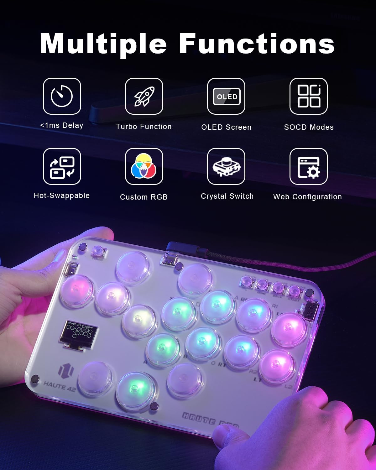 Haute42 Leverless Controller Arcade Stick: S16-C Leverless Controller with Kailh Crystal Low-Profile Switches,Leverless Arcade Controller Street Fight for Pc/Ps3/Ps4/Switch Support Hot Swap & SOCD image number 3