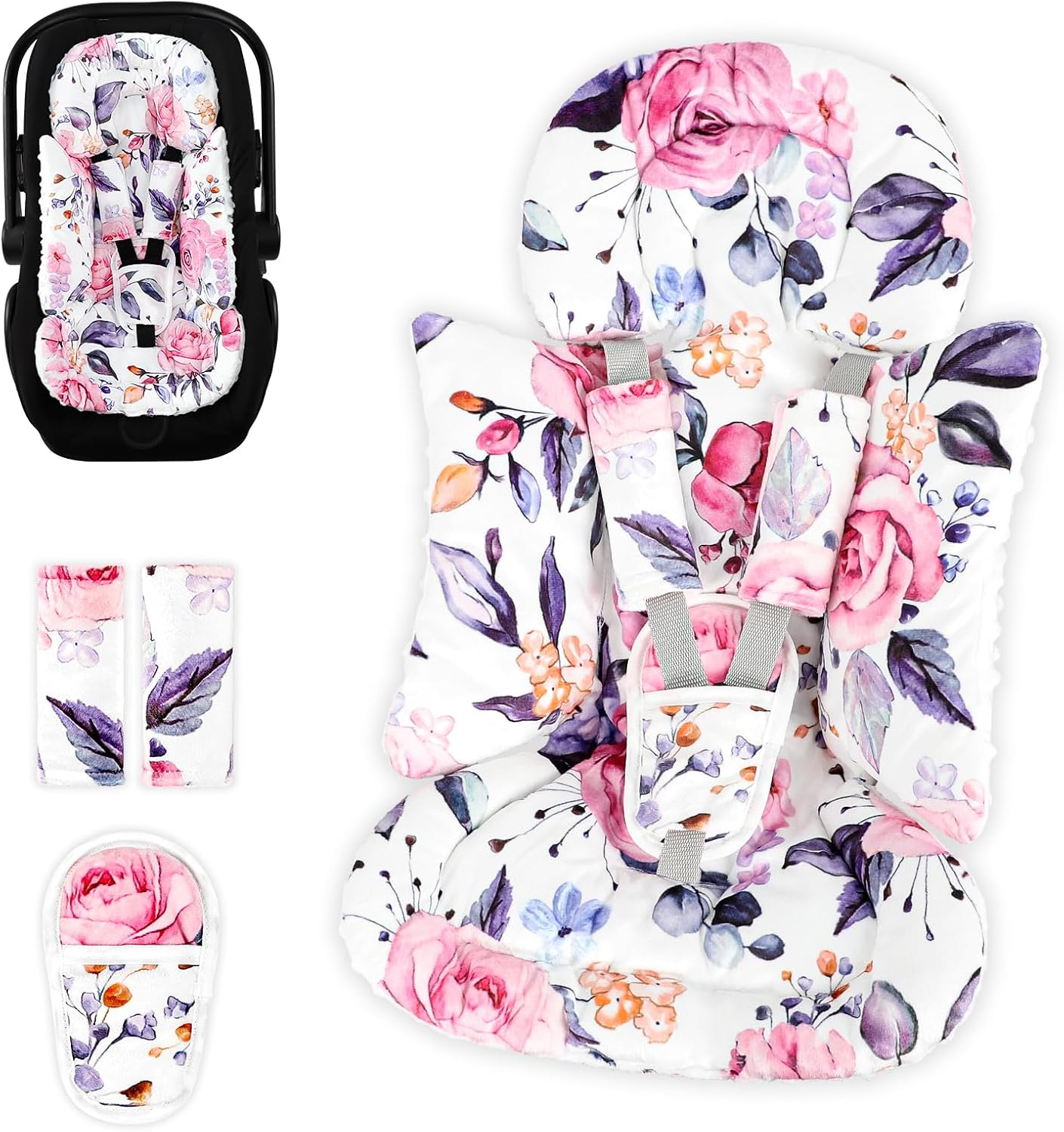 Pea Pod Infant Car Seat Insert with 3 Strap Covers, 3 in 1 Reversible Rainbow Baby Car Seat Head Support for Newborn, 3D Soft Carseat Cushion for Preemie to Infant, Stroller, Swing, Bouncer