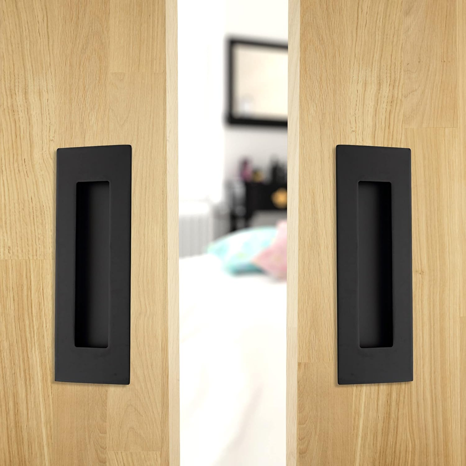 Malimali 6 Inch Recessed Finger Flush Pulls for Pocket Door Closet Door, Sliding Barn Door Handle, Matte Black Stainless Steel Rectangular Door Pulls Hardware(2 Pack)