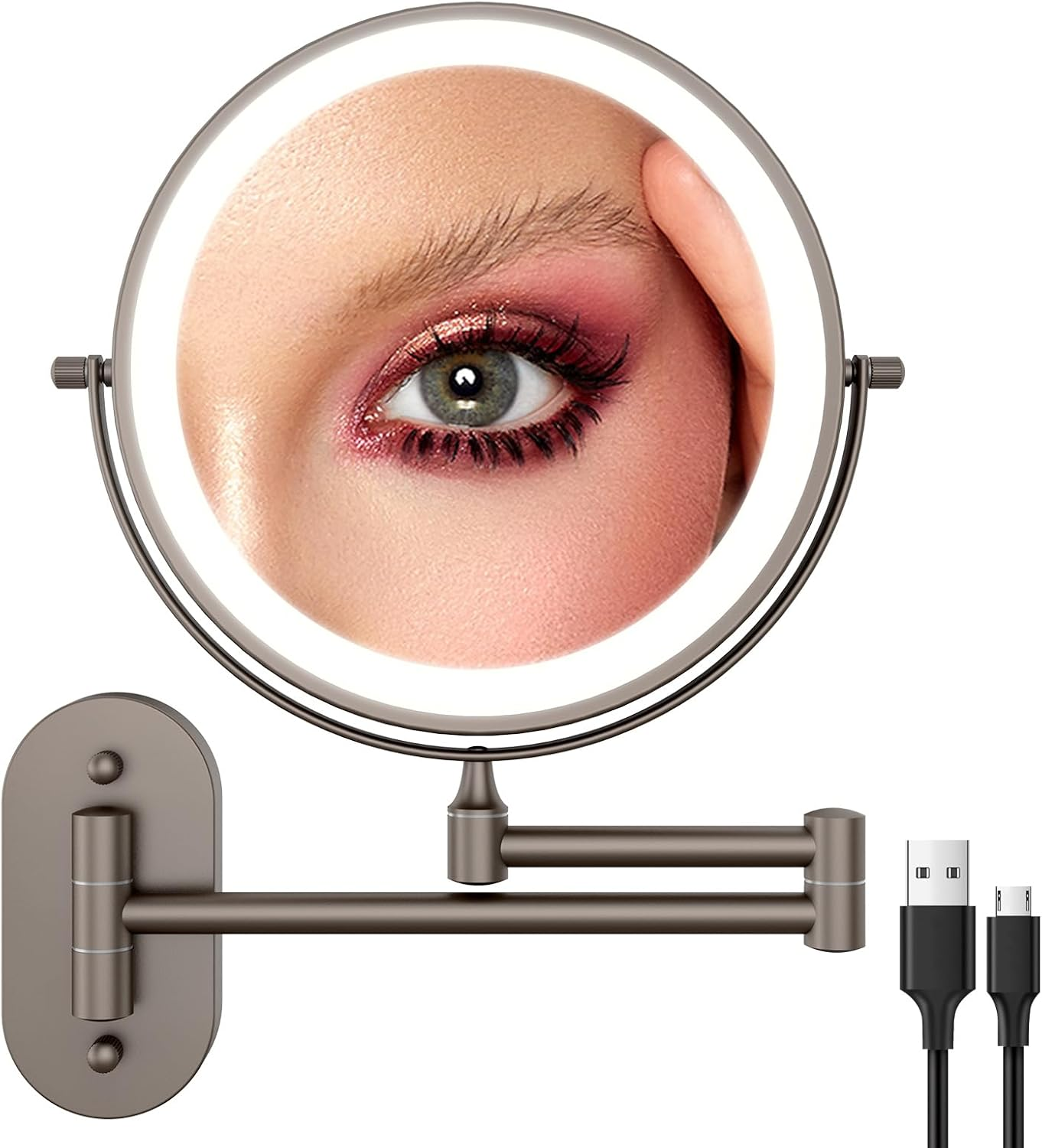 FUNTOUCH Rechargeable Cosmetic Mirror with Lighting, 1 X 20X Mirror Magnification Wall Mounting, Dimmable Shaving Mirror 3 Colours, Touch Screen, 360&deg; Rotatable, Makeup Mirror for Bathroom