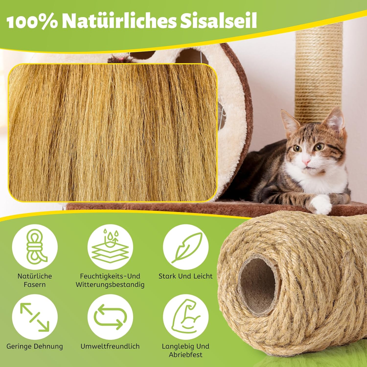 Sisal Rope for Cats, Scratching Post, 10 M X 9 Mm, Natural Sisal Rope for Cats with 2 Cat Toys, High-Quality Rope for Scratching Post Replacement, Cat Accessories, Crafts, Decorating Homes, DIY image number 5