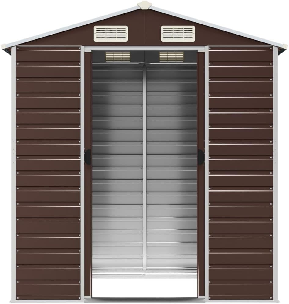 Vidaxl Garden Shed/Outdoor Metal Storage for Firewood and Tools - Brown Galvanised Steel with Ventilation, Door Handles, and Sloping Roof - 191X130X198 Cm image number 6