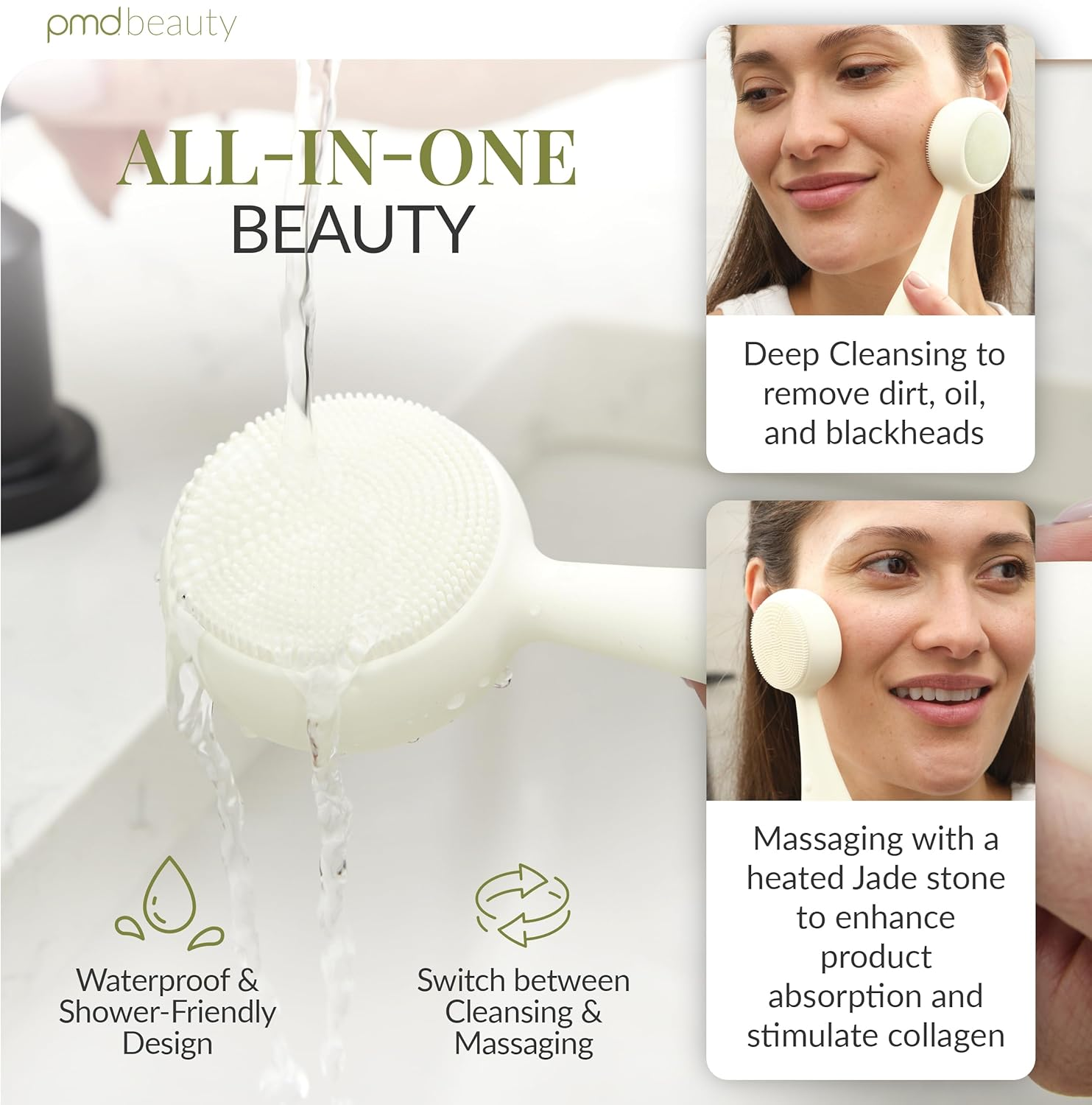 PMD Clean Pro Jade - Smart Facial Cleansing Device with Silicone Brush & Jade Gemstone Activewarmth Anti-Aging Massager - Waterproof - Sonicglow Vibration - Lift, Firm, and Tone Skin on Face and Body - Cream image number 6