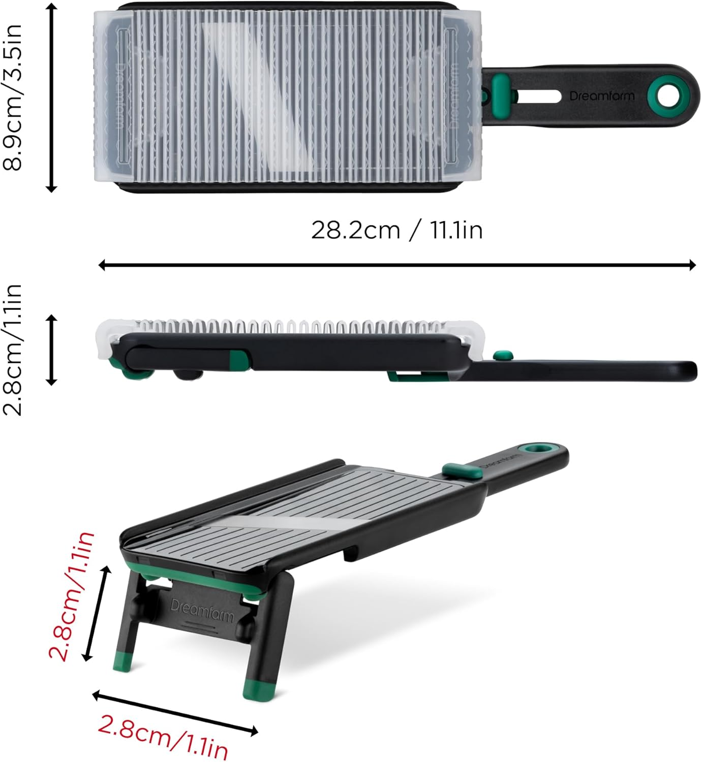 Dreamfarm Nocutu Handheld Safety Mandoline Slicer, Food Vegetable Cutter with Non-Slip Bowl Hook & Foot - Adjustable 1-3Mm Slicer, Black/Green image number 6