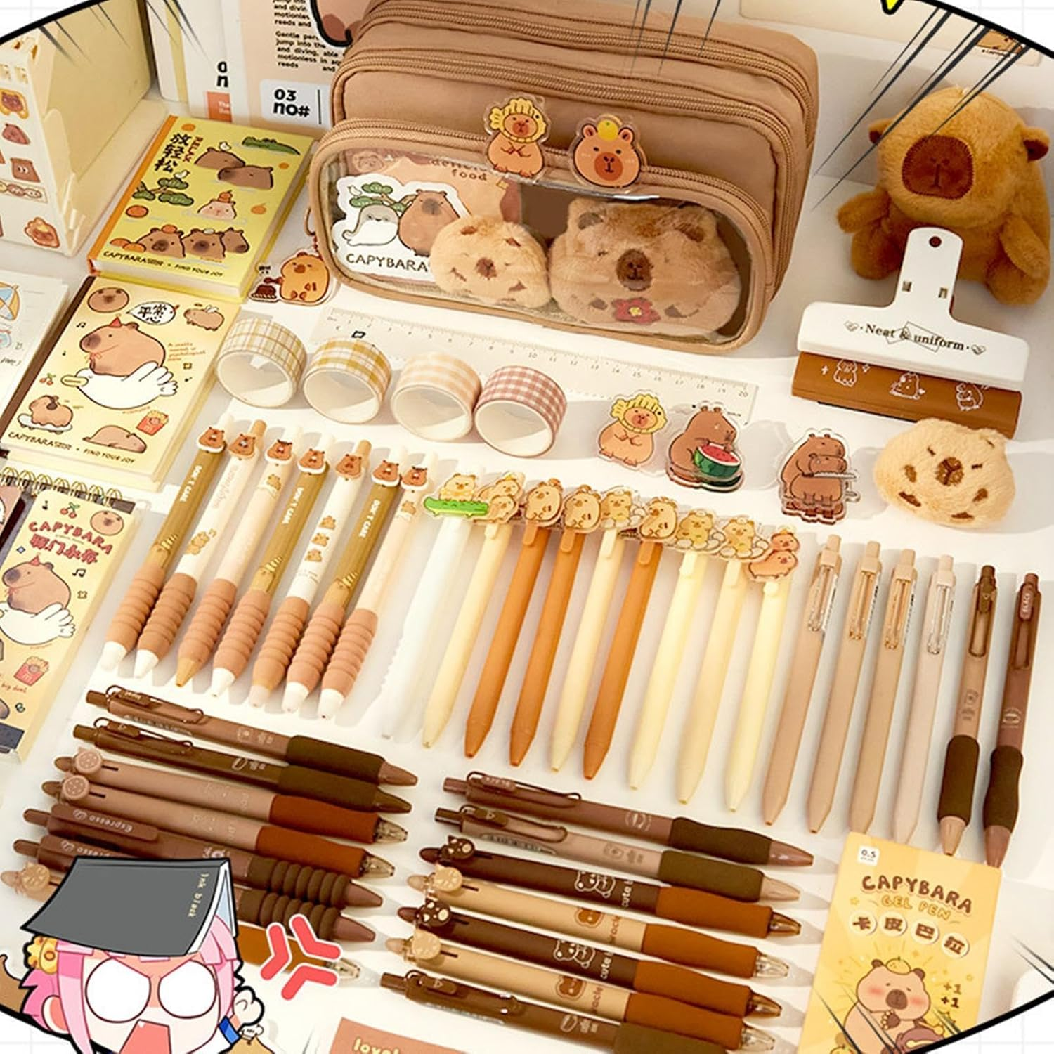 Cute Capybara Pencil Case, Pen Bag Capybara with 10 Compartments, Large Capacity Multi-Layer Clear Pencil Pouch with Brooch, Stickers, Pendant, and Memo Pad, Brown, Mass image number 1