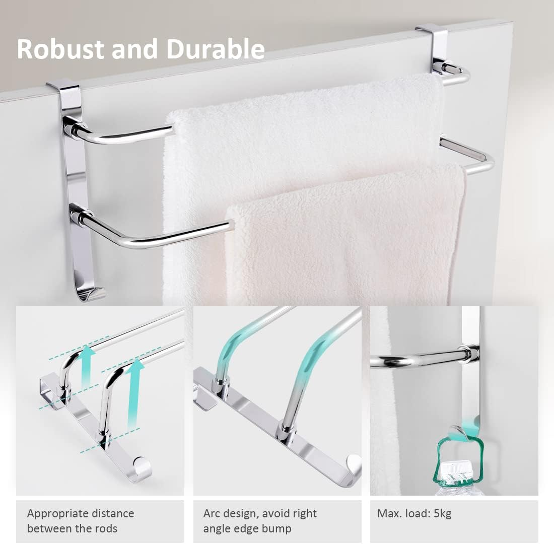 EMKE Double Towel Rail, Bathroom over the Door Hanging Towel Rack with Hooks, Stainless Steel Sink Towel Holder with Large Space for Kitchen Toilet Hotel Shower Room, Chrome image number 7