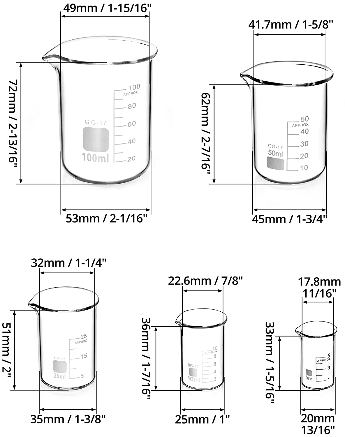 QWORK 5 Pcs Graduated Borosilicate Glass Beaker 5Ml 10Ml 25Ml 50Ml 100Ml Set for Science Lab Kitchen image number 3
