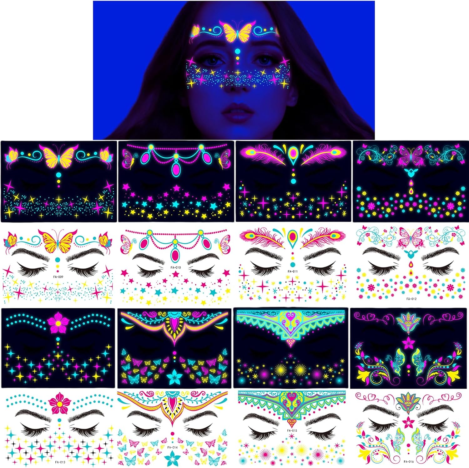 Treayes Glow in the Dark Temporary Tattoos, 8 Pcs Fake Tattoos Stickers, Fake Face Tattoos Stickers for Glow Party Adults Girls Women Festival Bar Party Supplies, Floral Body Paint Flowers Butterfly image number 3