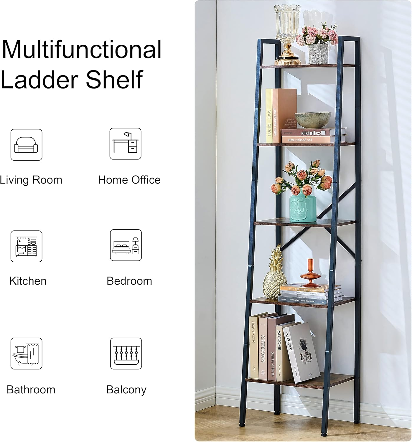 Hoctieon 5-Tier Industrial Ladder Bookshelf, Narrow Ladder Shelf, Tall Standing Bookshelf, Skinny Open Ladder Shelf, for Living Room, Home Office, Kitchen, Bedroom, Metal Frame, Rustic Brown image number 2