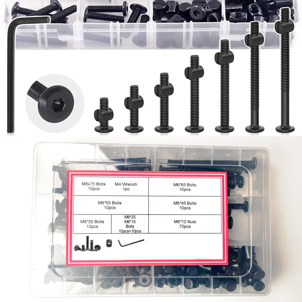 Cuicanfla 141Pcs Black M6 Hex Drive Socket Cap Bolts Kit, Crib Hardware Screws, with 1 X Allen Wrench Perfect for Furniture, Cots, Crib Screws image number 3