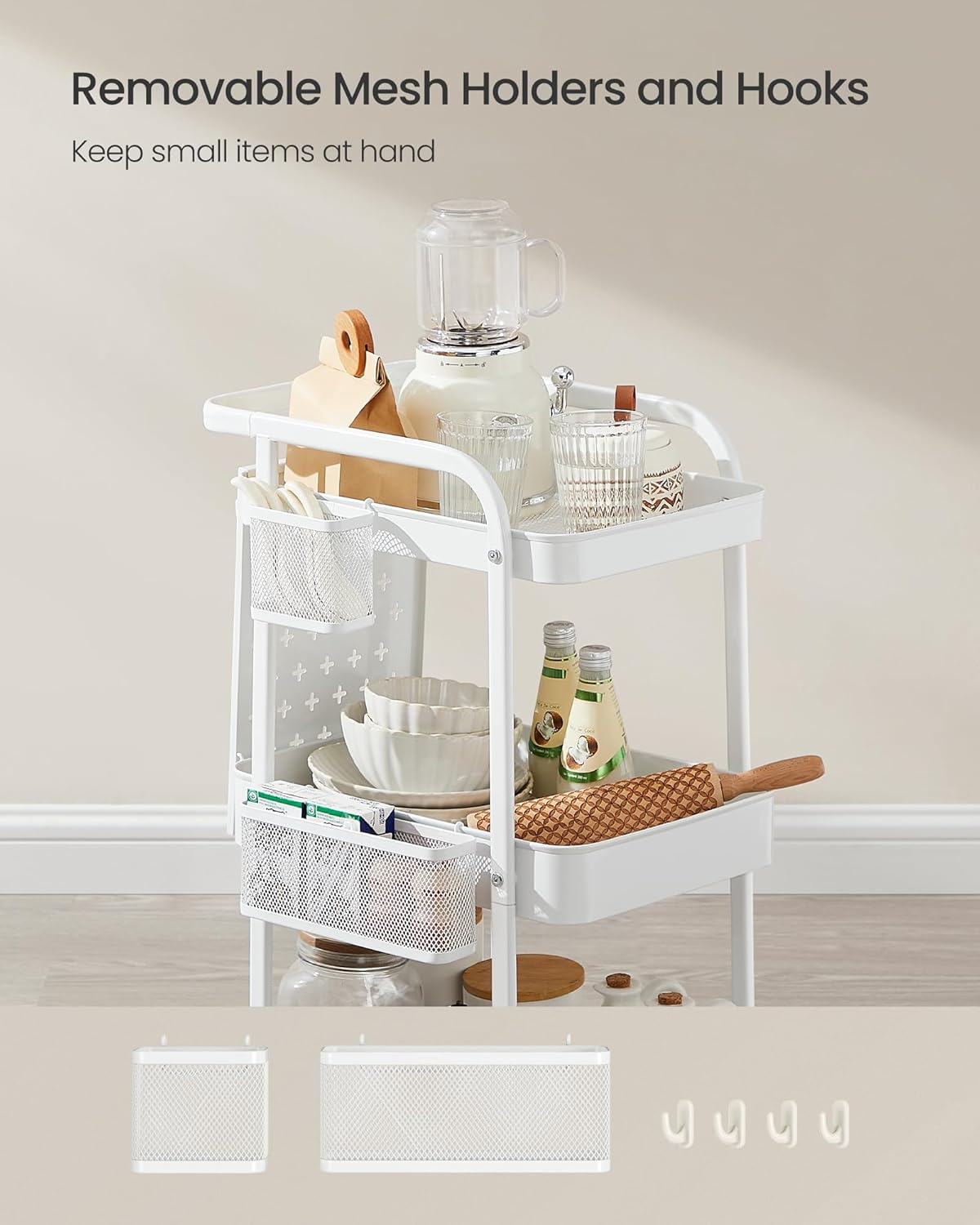 SONGMICS 3-Tier Storage Cart, Rolling Utility Cart, Metal Mesh Shelves, 2 Removable Pegboards, 2 Hanging Holders, 4 Hooks, Craft Cart for Living Room, Kitchen, Office, Bathroom, Cloud White ULRC037W01 image number 1