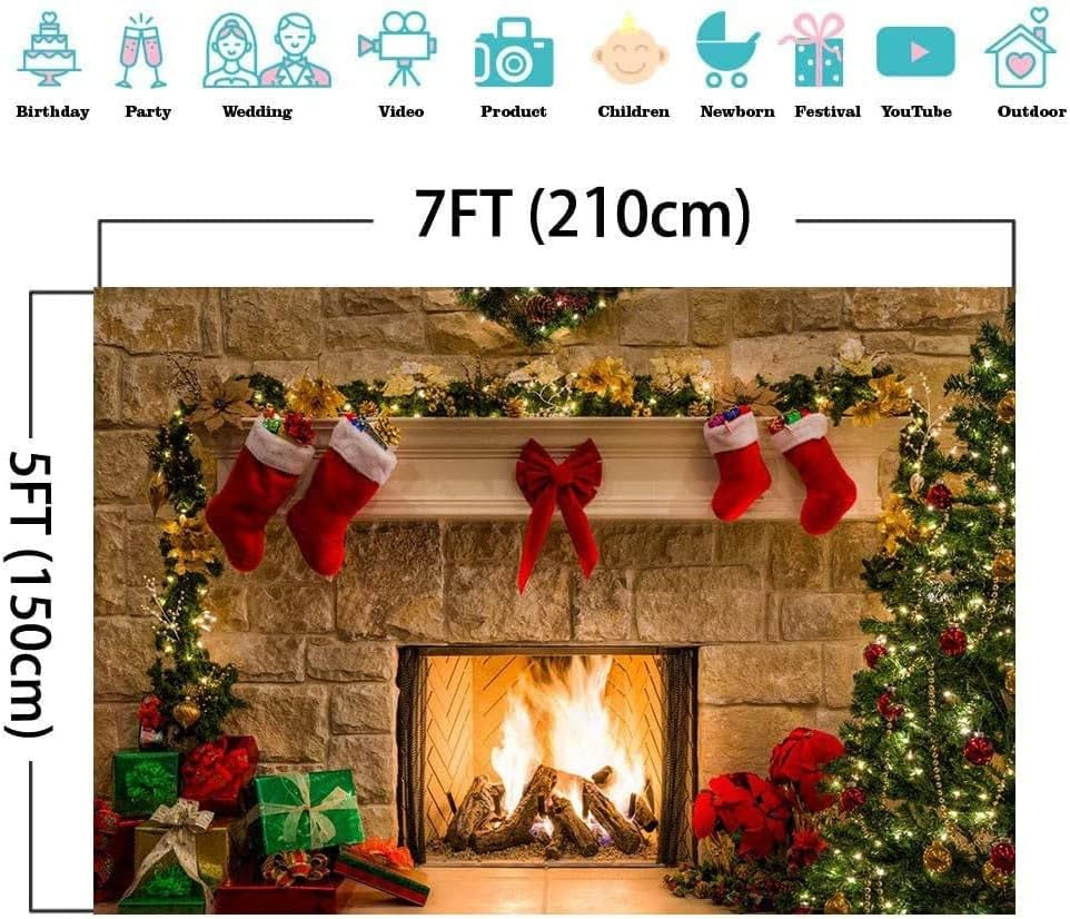 Fireplace Holiday Photography Backdrop Photo Booths Studio Props Vinyl 7X5Ft Christmas Stocking Tree Photo Background Winter Xmas Birthday Party Decorations Baby Shower Supplies image number 3