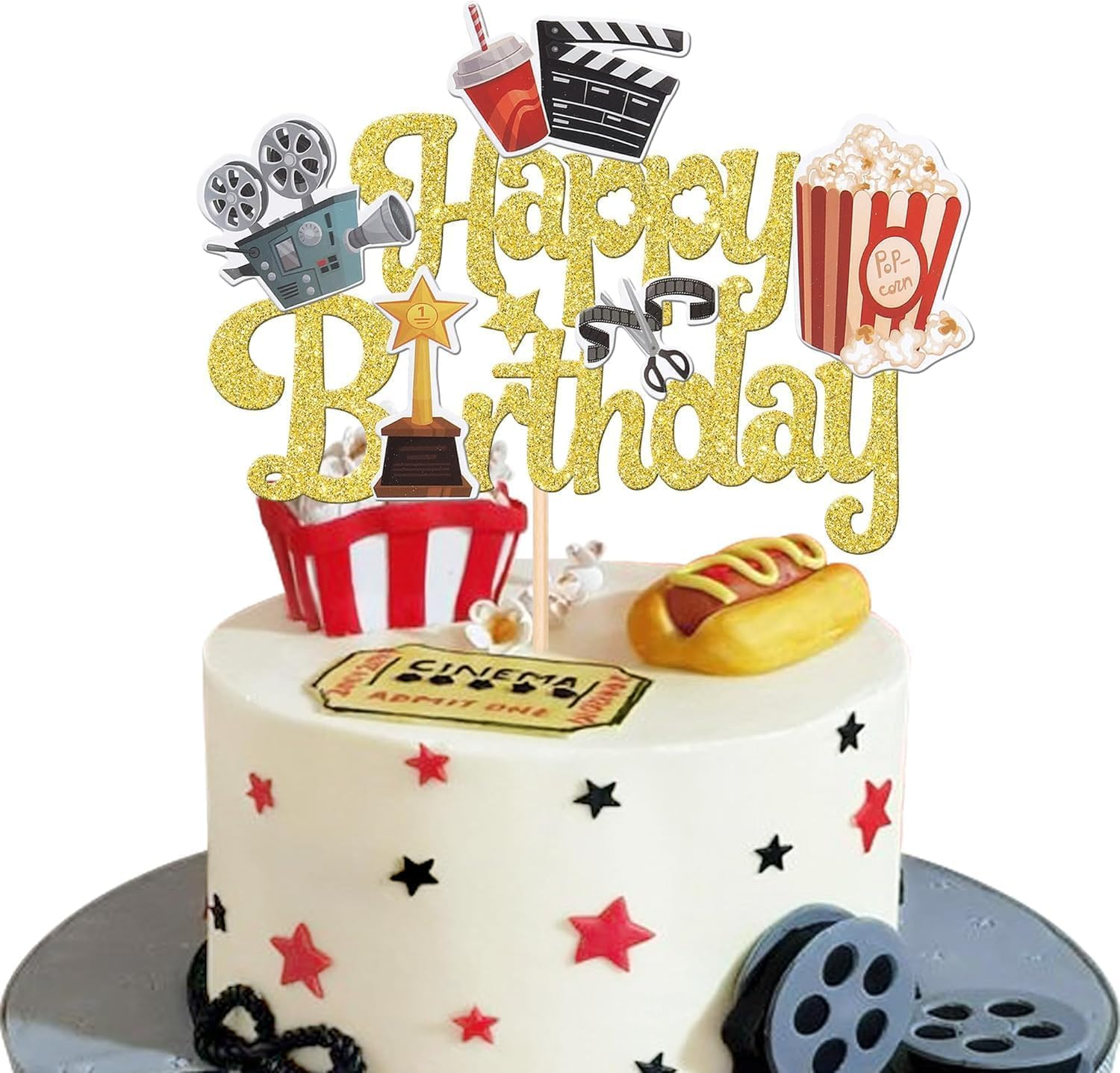 SYKYCTCY 1 Pack Movie Night Cake Topper Happy Birthday Sign Cake Pick Decorations for Theater Video Recorder Roll Camera Popcorn Hollywood Theme Family Film Baby Shower Birthday Party Supplies (Gold)