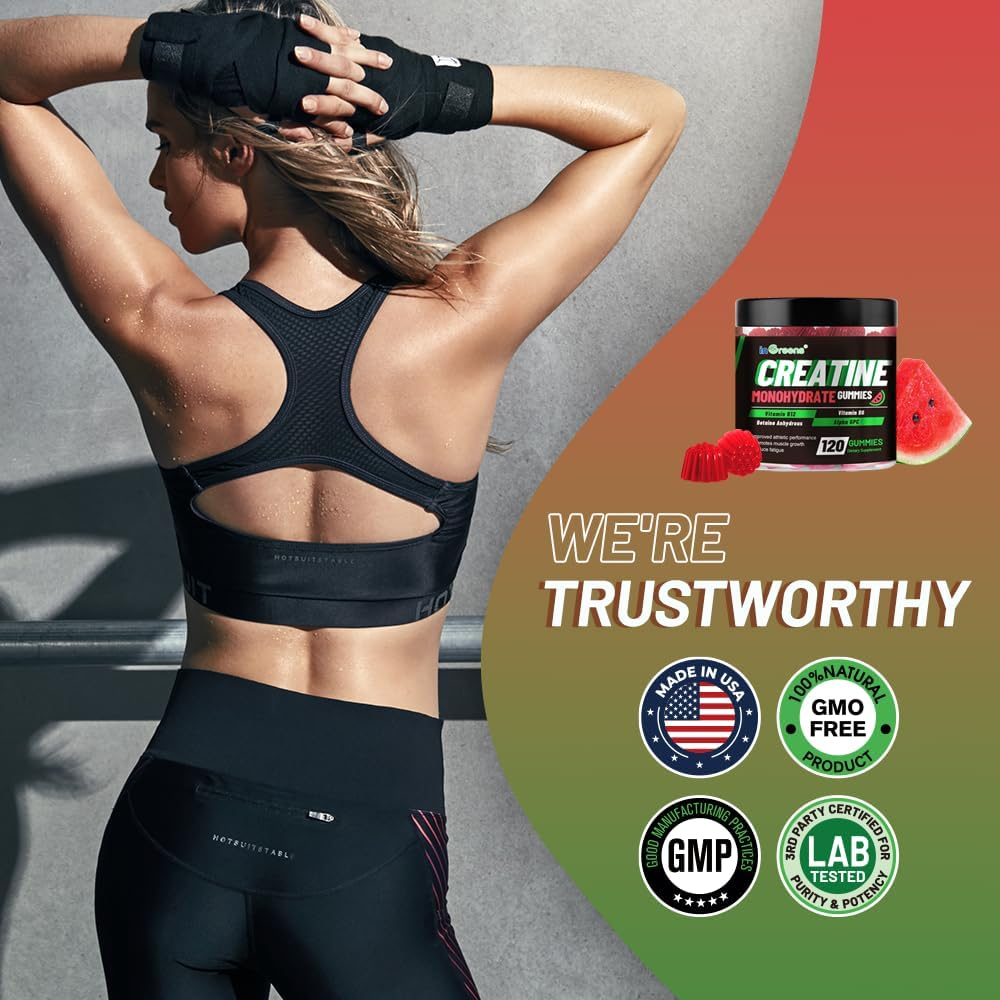 Creatine Monohydrate Gummies for Men & Women, 6G Creatine per Serving, Support Muscle Growth & Strength, Gluten-Free, Sugar Free, Watermelon Flavor, 120 Count image number 2