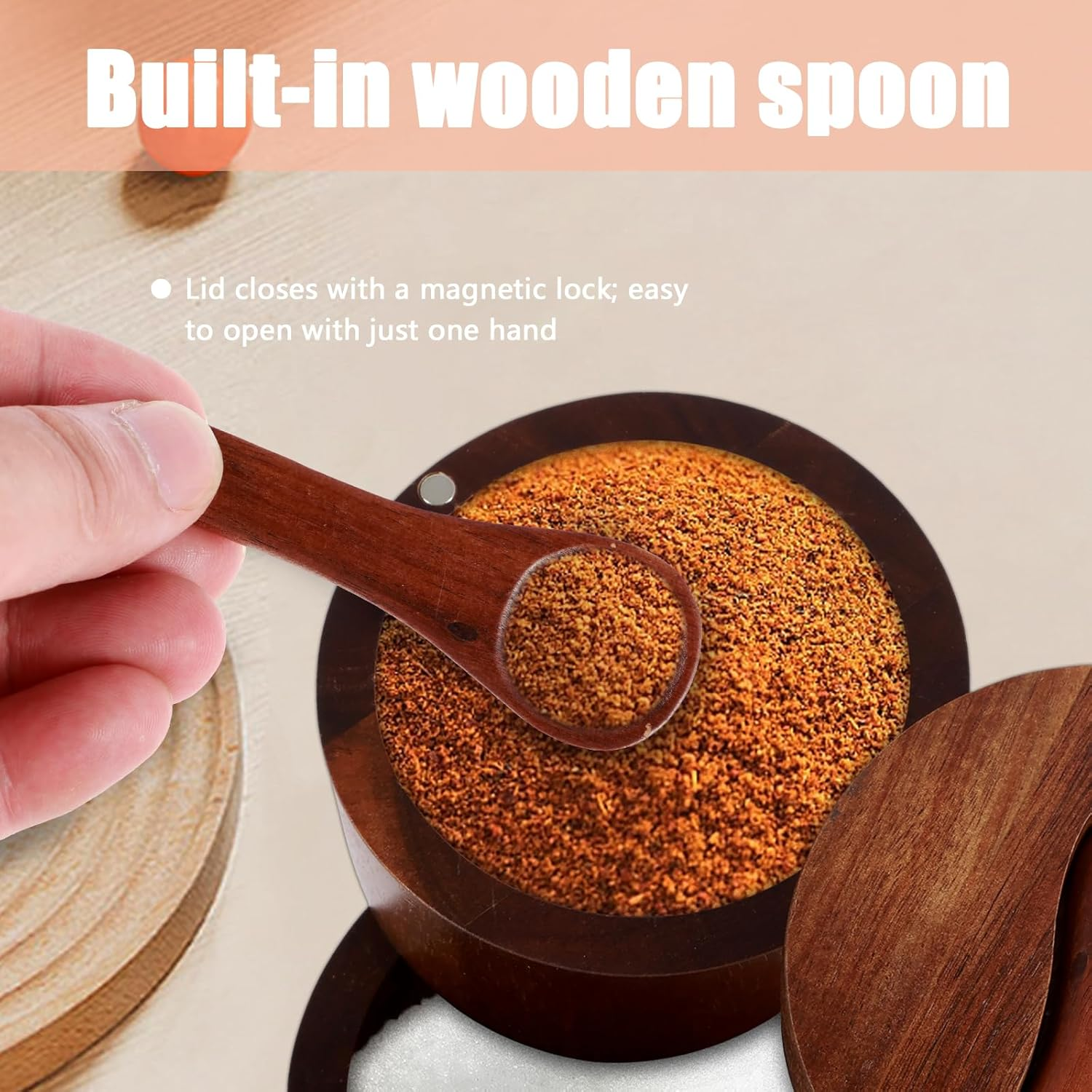 PHWRECZ 2 Layers Acacia Wood Salt and Pepper Bowl Salt and Pepper Storage Box Salt Container Salt Keeper with Built in Spoon and Magnetic Swivel Lid Dustproof Salt Holder for Kitchen Serving (Wood A) image number 2