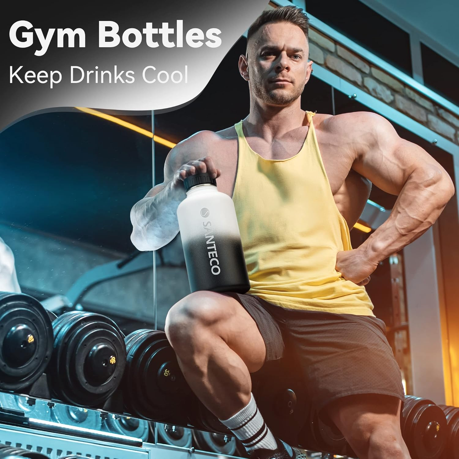 SANTECO Insulated Water Bottle with Straw 64 Oz Stainless Steel Leak-Proof 2 Liters Thermos Flask with Handle Lid Large Capacity Sport,Hiking,Gym-White Black image number 5