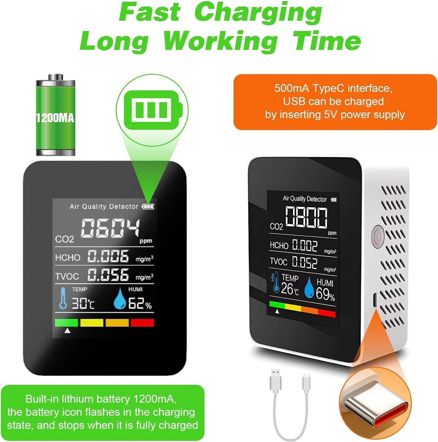 B-Qtech 5 in 1 Air Quality Monitor, Indoor Air Quality Tester Co2/Humidity/Hcho/Tvcc/Temperature Tester, Air Pollution Monitor for Home, Rooms, Grow Tents, Offices, Cars, Hospitals image number 3