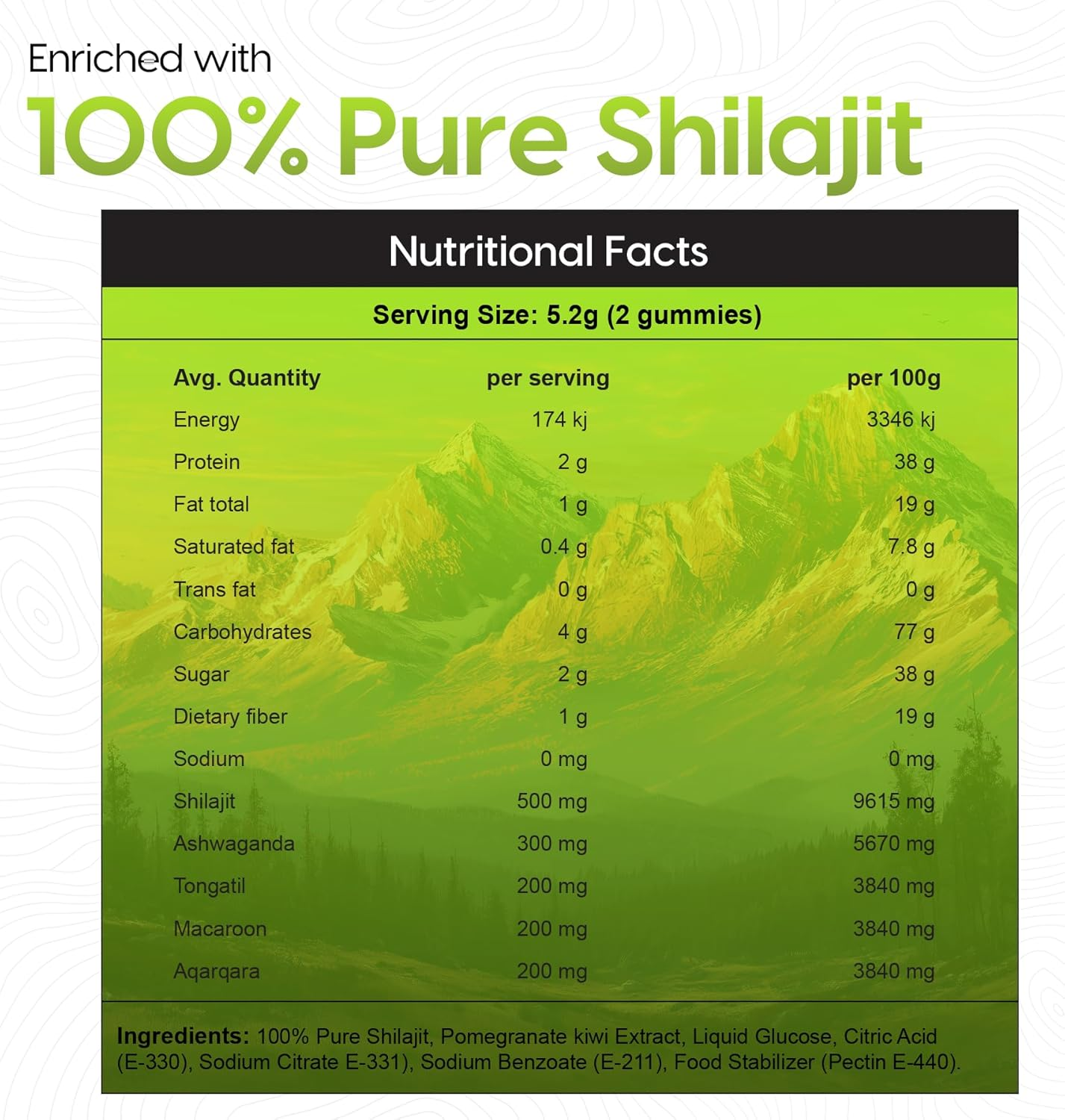 15000Mg 5-1 Pure Himalayan Shilajit Gummies Gold | Ashwagandha | Maca Root | Tongkat Ali | Aqarqara | Lab Tested | Rich in Fulvic Acid & 85+ Trace Minerals | Vegan Organic Product 60 Gummies Pomegranate Kiwi image number 2