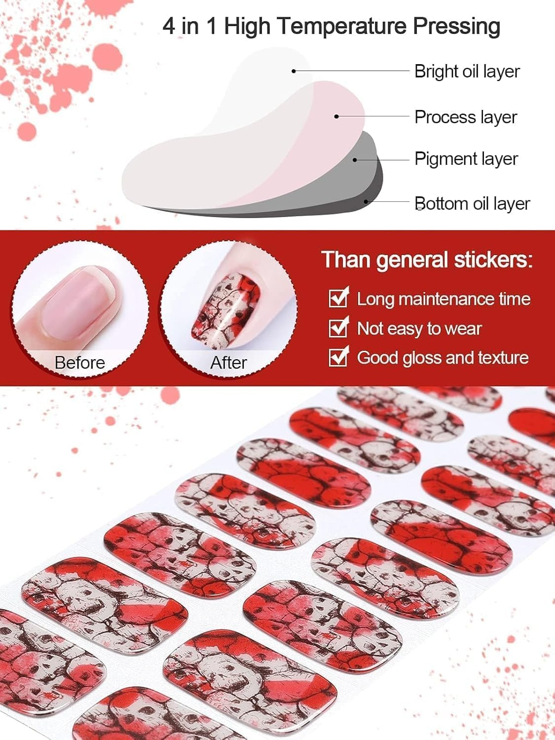Kalolary Halloween Cured Gel Nails Strips, Bloody Skull ​Gel Nail Polish Strips Long Lasting Waterproof Full Nail Wraps Stickers with Stick, Nail File, Wipes & Sealing(Uv/Led Lamp Required) image number 4