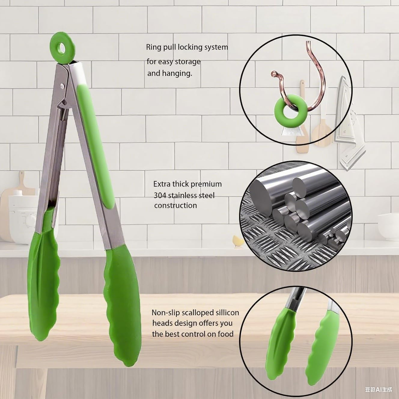 3Pcs (7", 9" & 12") Set Silicone Heat Resistant Kitchen Tongs,Premium Locking Cooking Tongs with Silicone Tips, Non-Slip Food Tongs for Cooking, Non-Stick, Stainless Steel Handle (Grass Green) - Grass Green image number 5