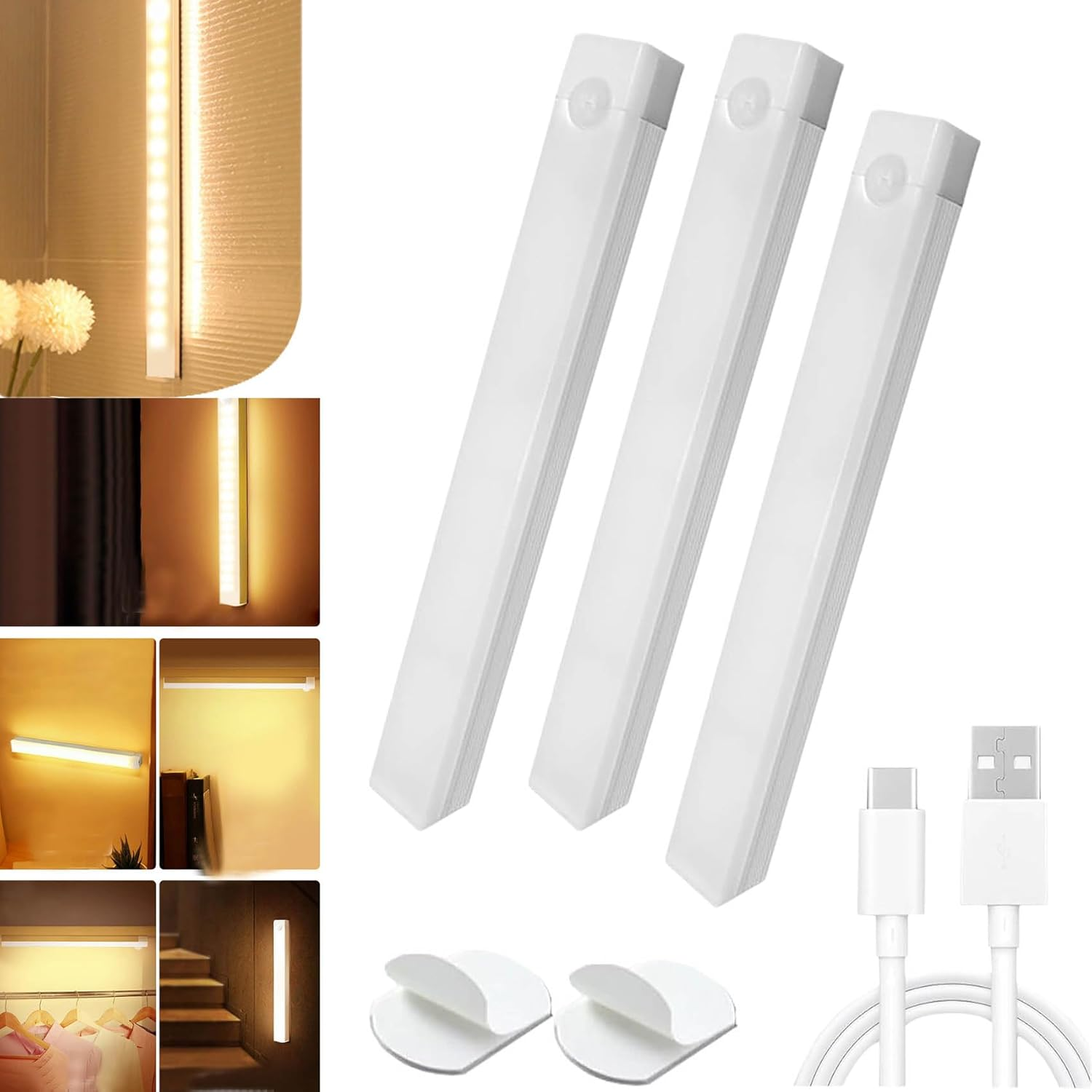 Punch-Free Smart Sensor Magnetic Rechargeable Led Lights, Magnetic Led Motion Sensor Light Indoor, Rechargeable Motion Activated under Cabinet Lighting, for Stairs, Wardrobe (5Pcs-Warm,7.9In)