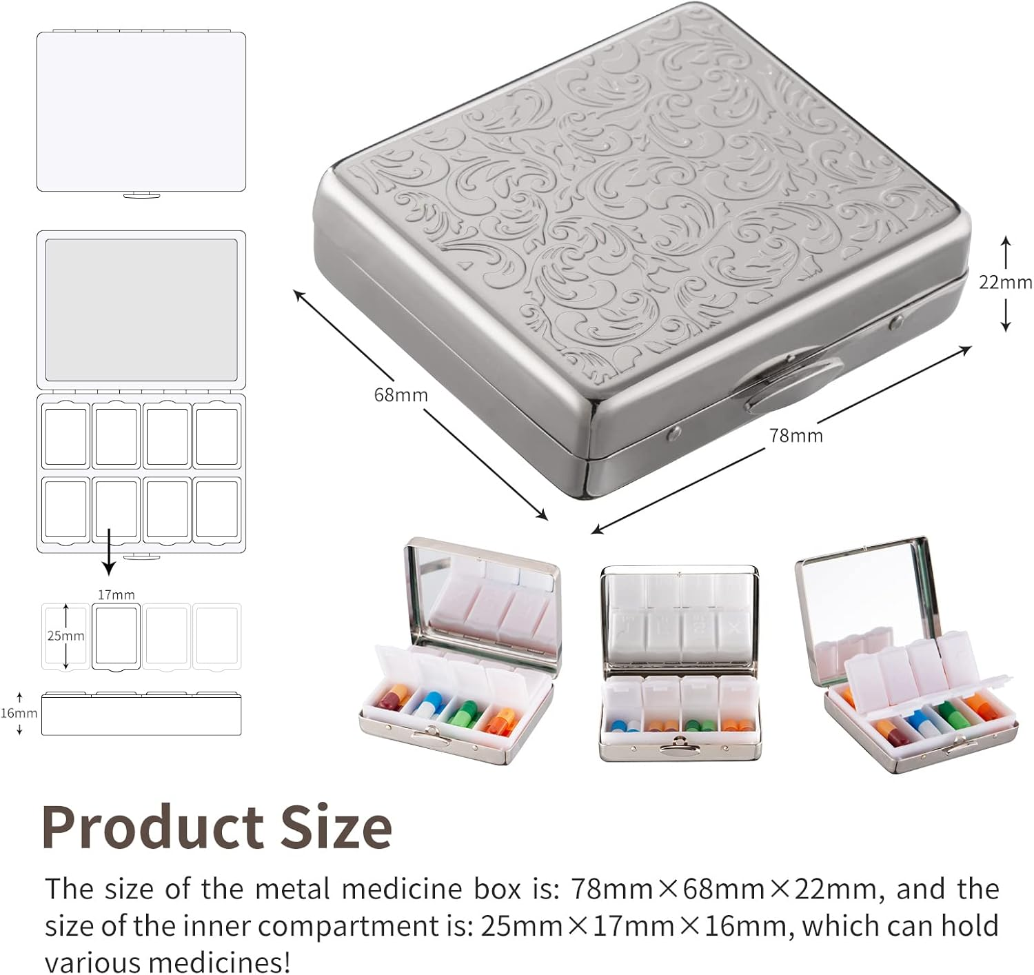 Portable Metal Travel Medicine Box/8 Compartments (Silver, Rectangle) image number 6