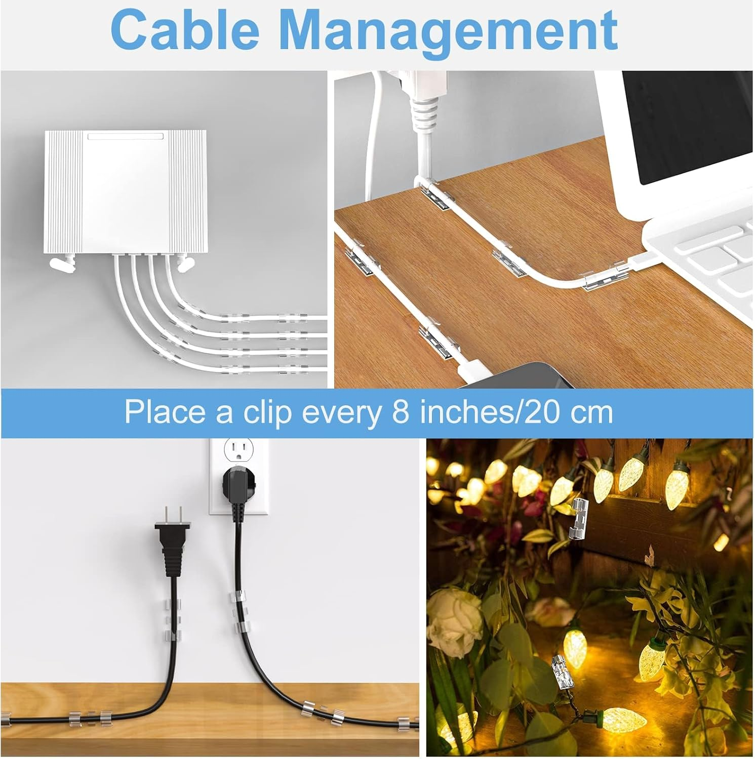 Adhesive Cable Clips Clear (40PCS, M), Upgraded Cable Management Wire Holders for Nightstand Wall, Strong Cord Organizer under Desk, Car, TV PC, Christmas Light Indoor/Outdoor - Transparent image number 1