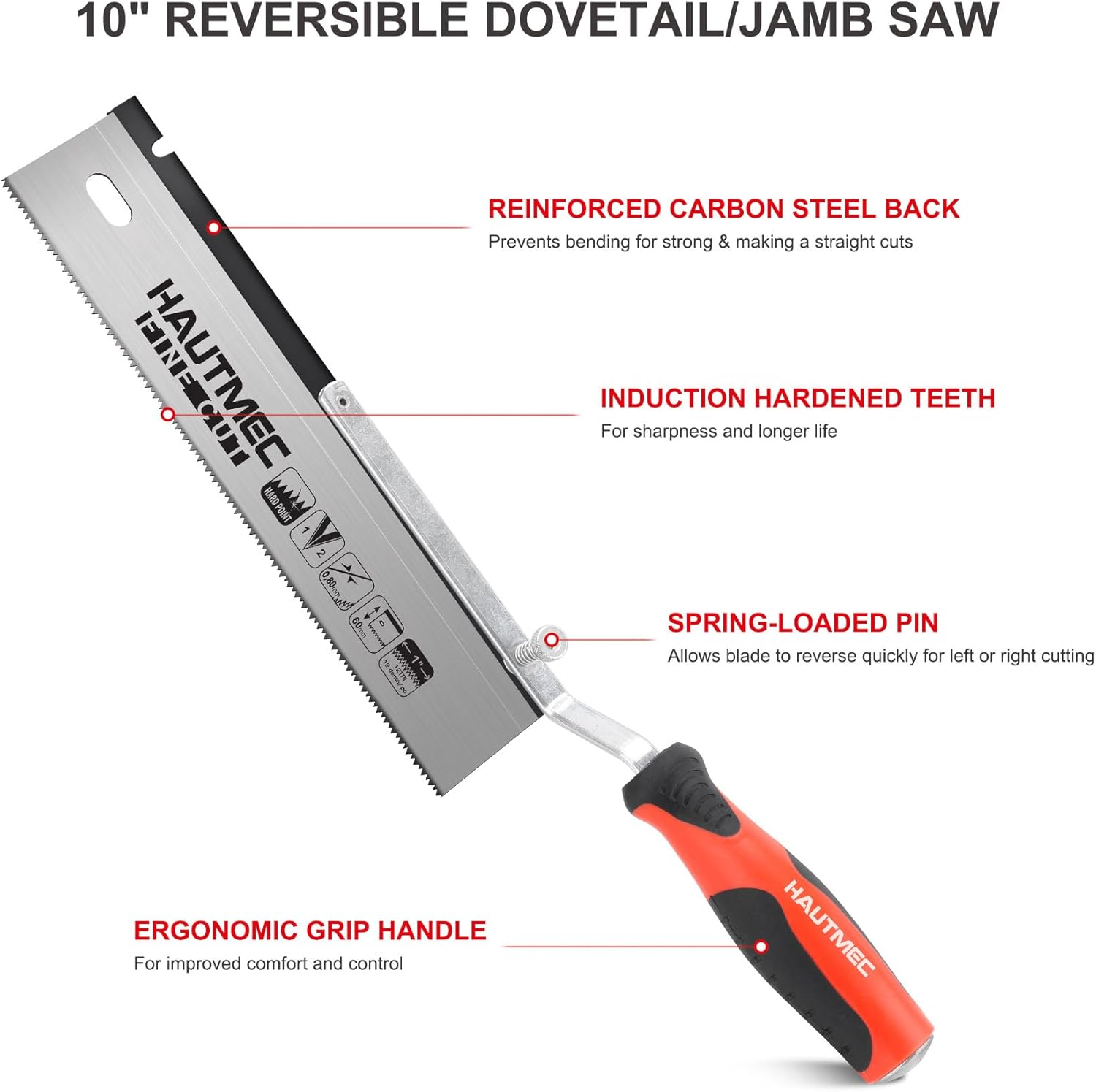 HAUTMEC 10" Reversible Dovetail/Jamb Saw, 12TPI Double Ground Teeth with Spring Loaded Design & Cranked Soft Handle for Flush-Cutting Door Jambs and Millwork for Tile Installation and Prep,Ht0234-Sa image number 1
